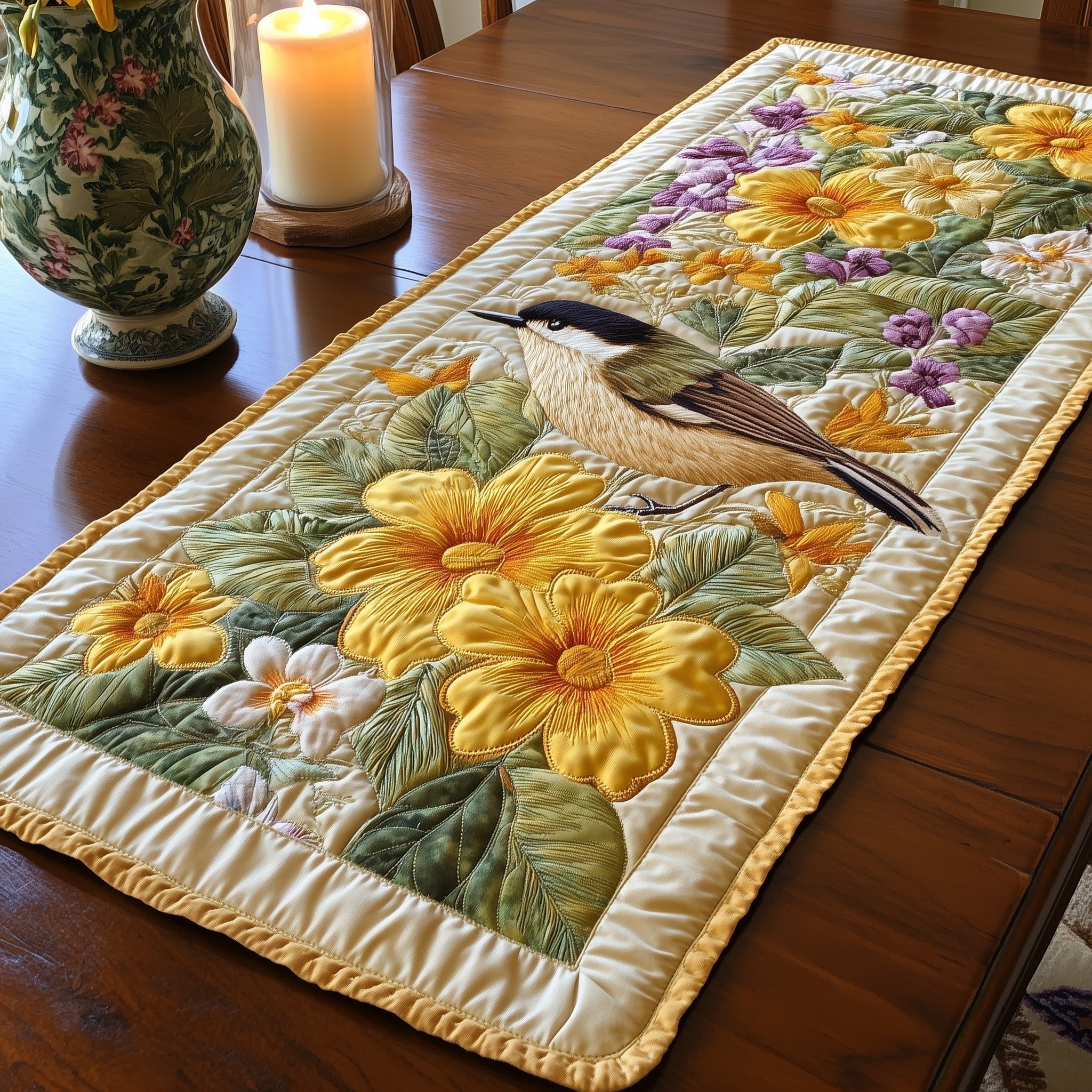 Chickadee Among Yellow and Purple Flowers Table Runner