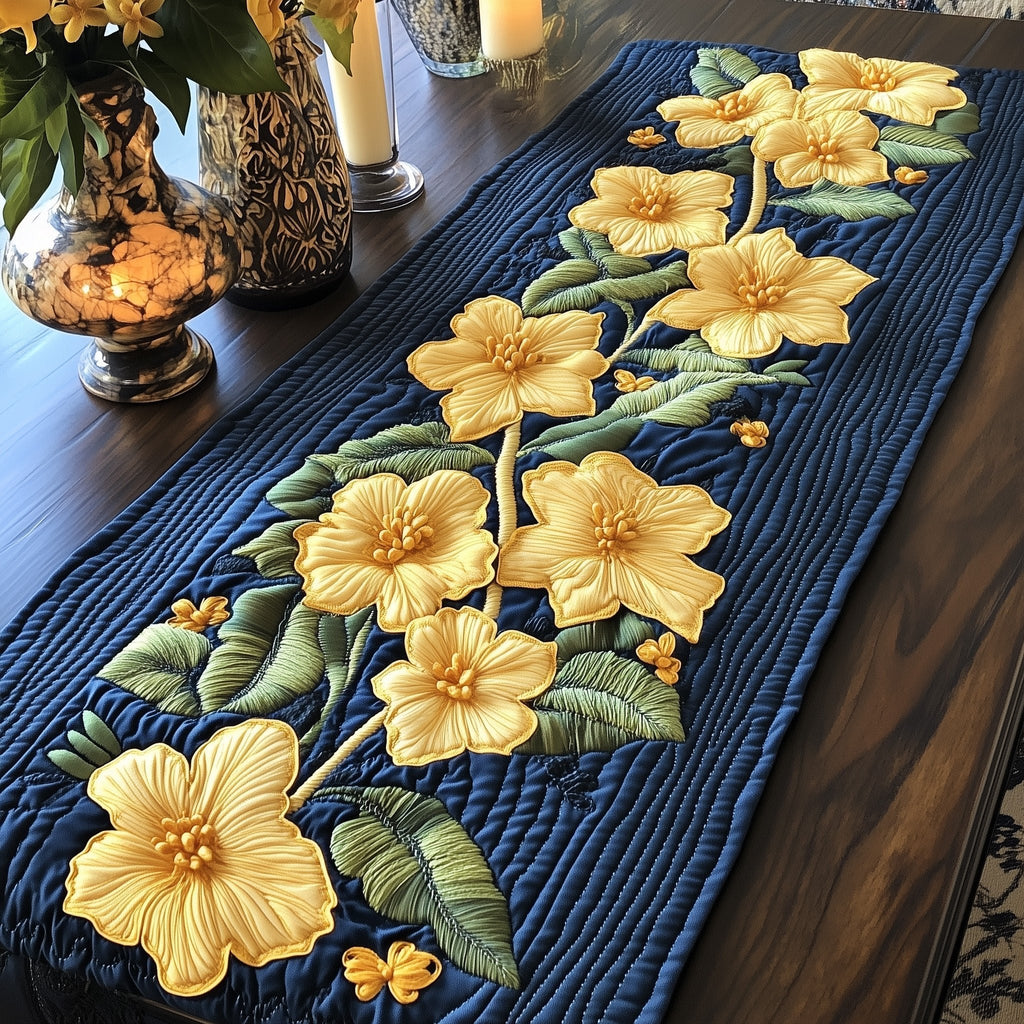 Yellow Blossoms on Navy Quilting Table Runner
