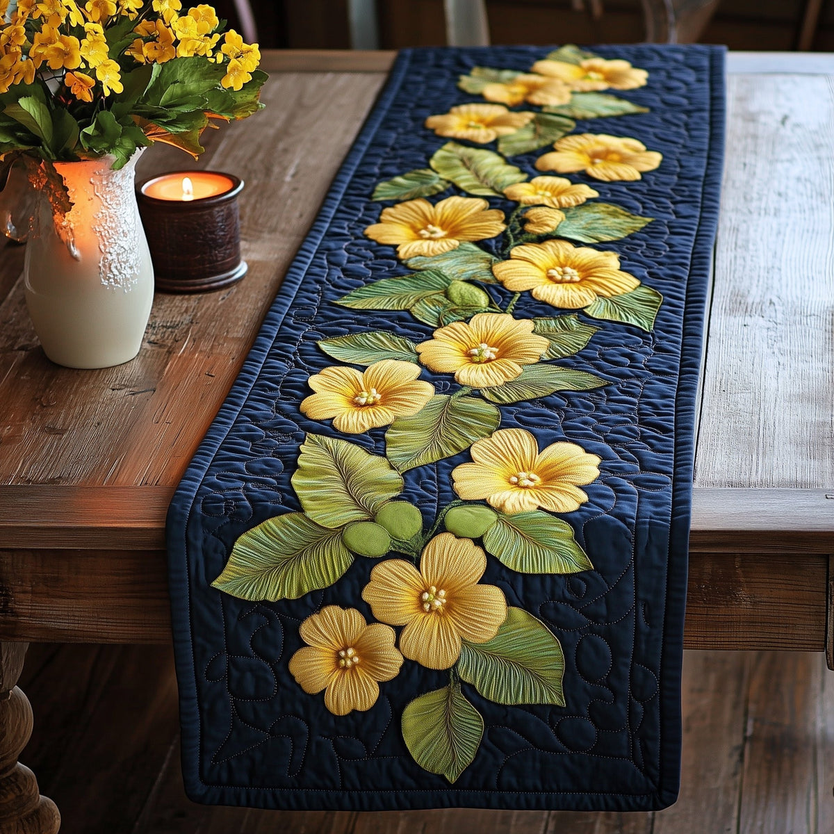 Golden Flower Vine on Deep Navy Table Runner