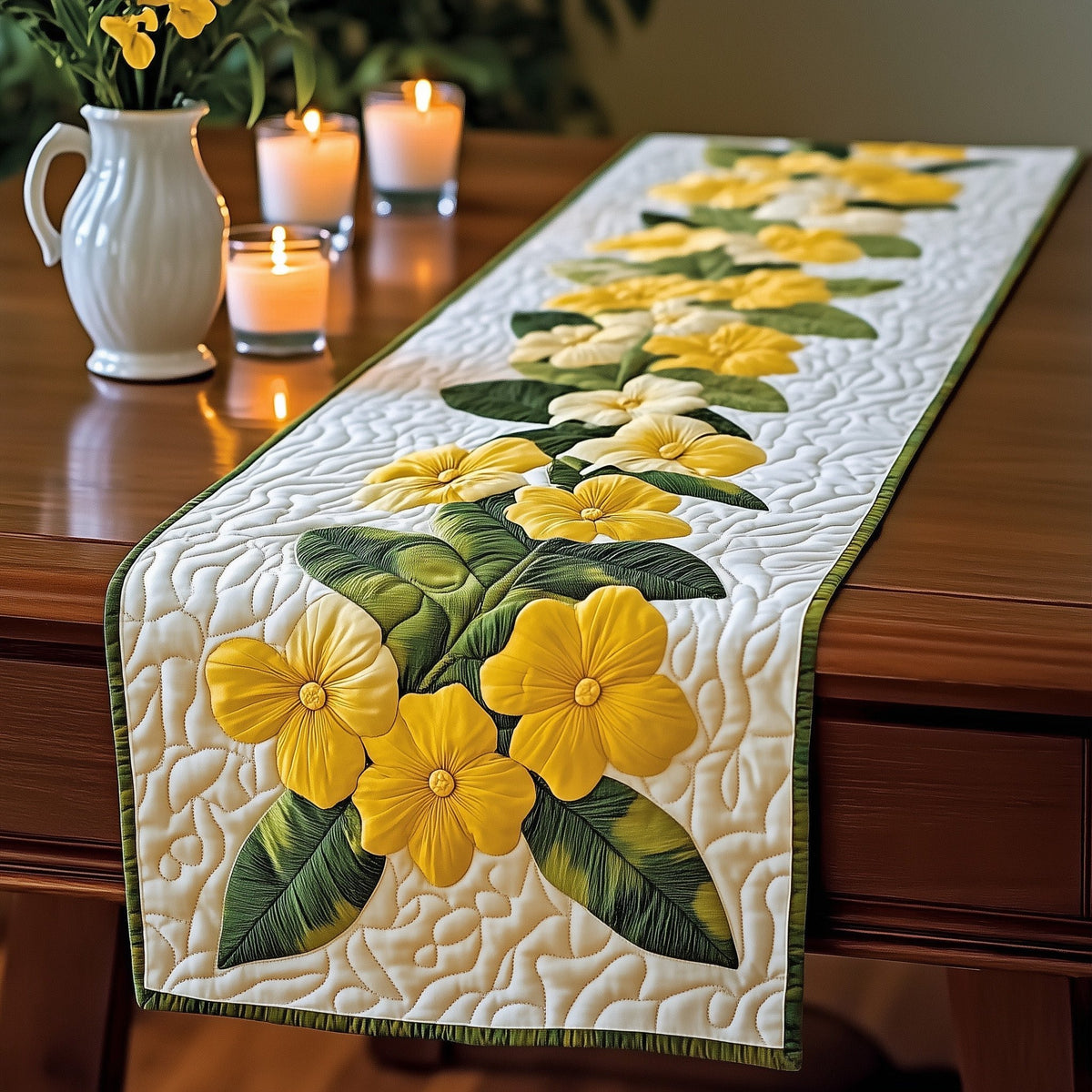 Yellow Blooms on Cream with Green Edge Table Runner