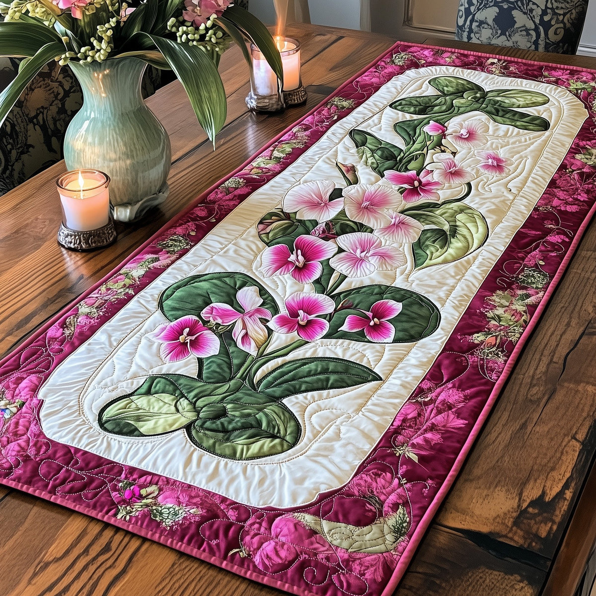 Pink Orchids on Magenta Border Table Runner