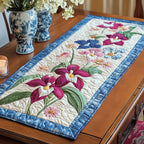 Magenta Orchids with Blue Border Table Runner