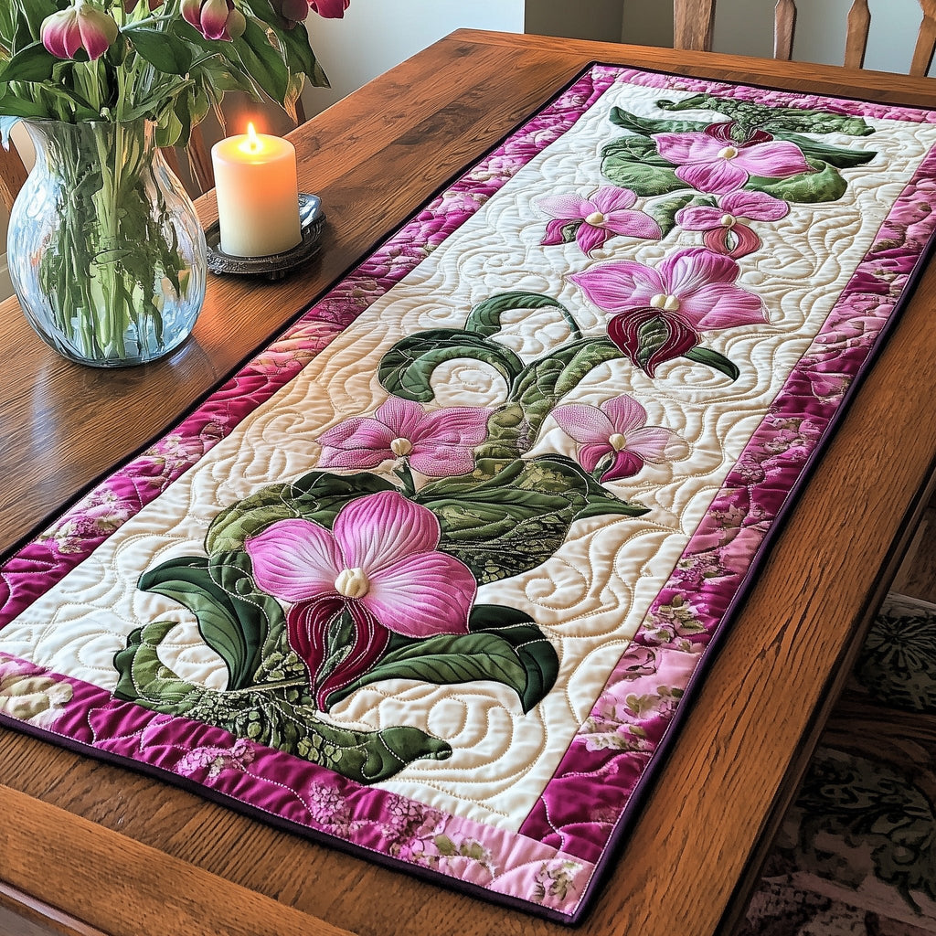 Pink Orchids with Purple Border Table Runner