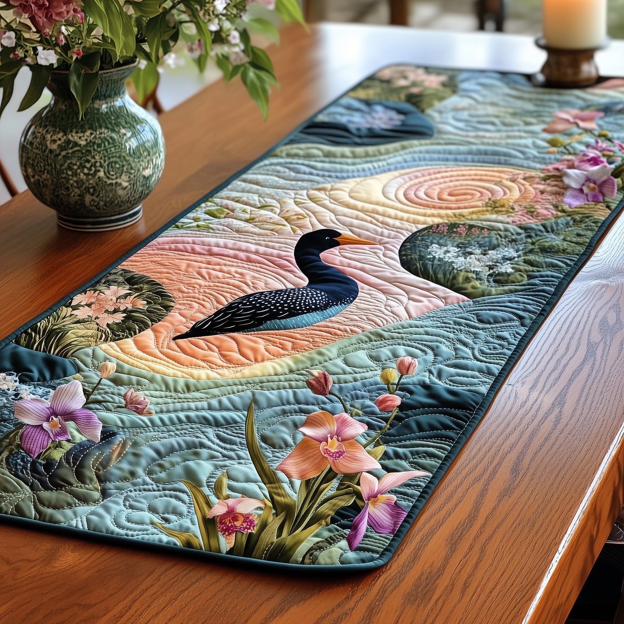Loon on Water with Pink Blossoms Table Runner