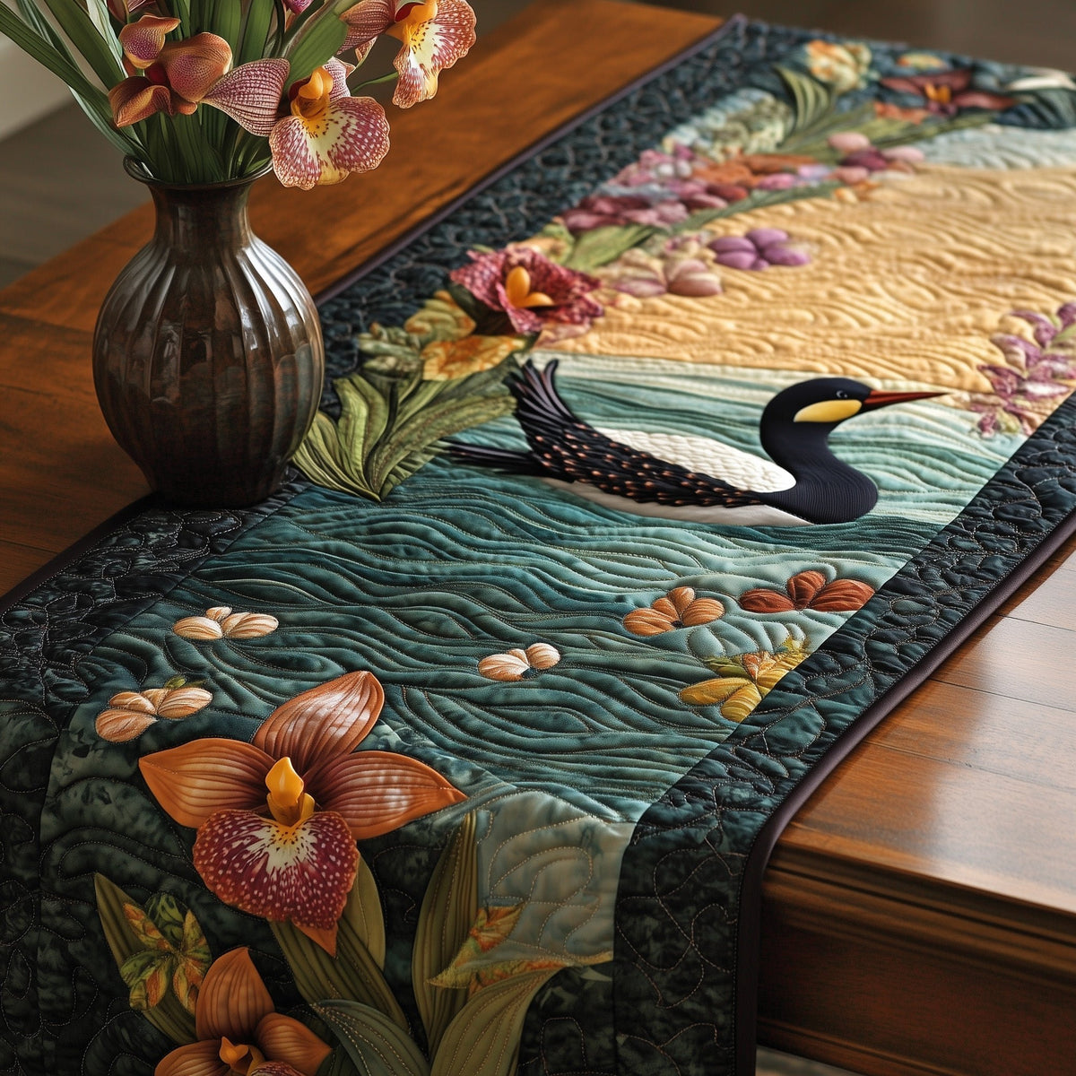 Loon and Orange Orchids on Teal Table Runner