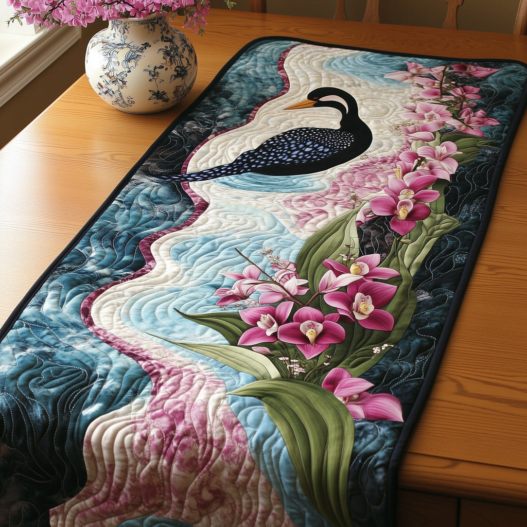 Loon Gliding Past Pink Flowers Table Runner