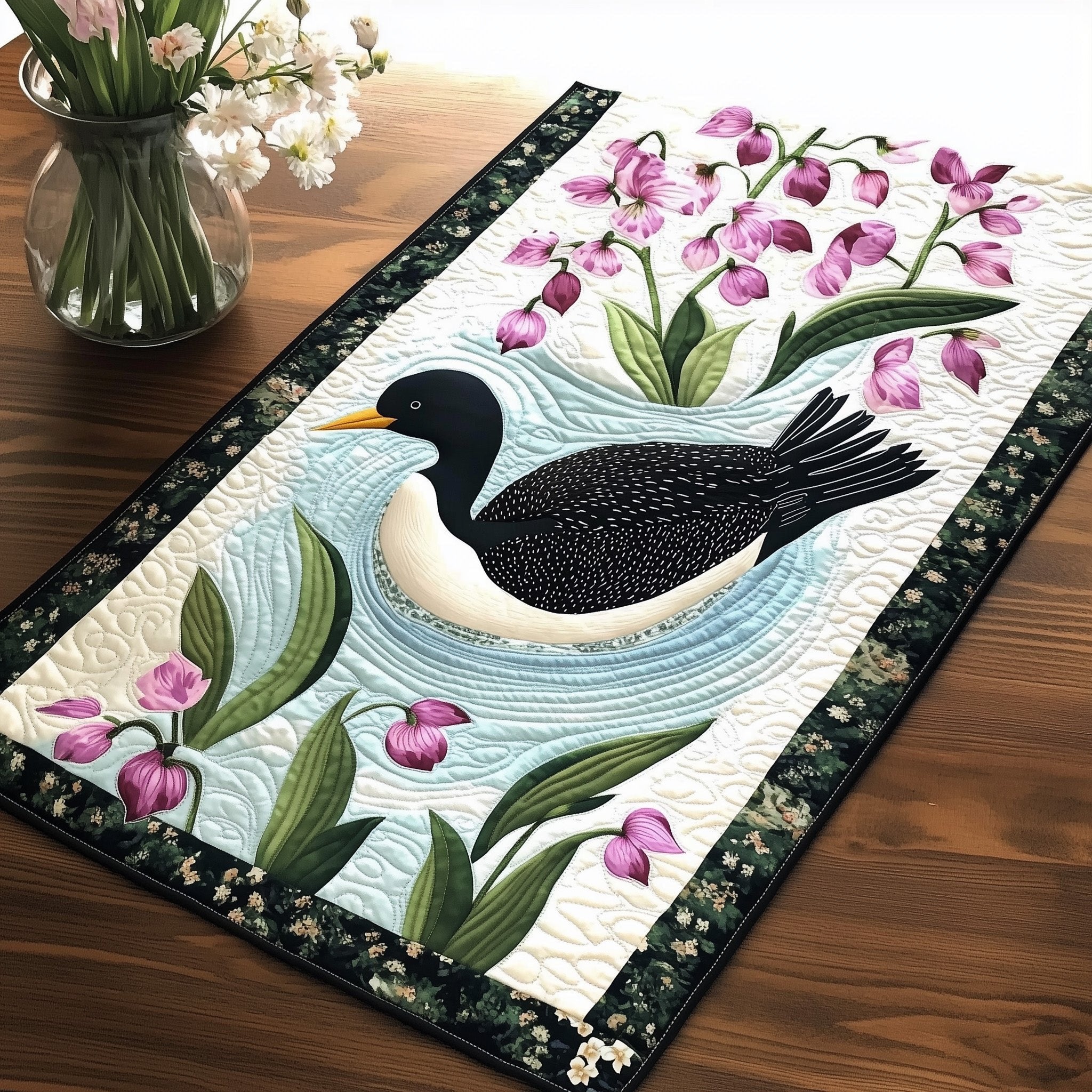 Loon Among Pink Lily Blooms Table Runner