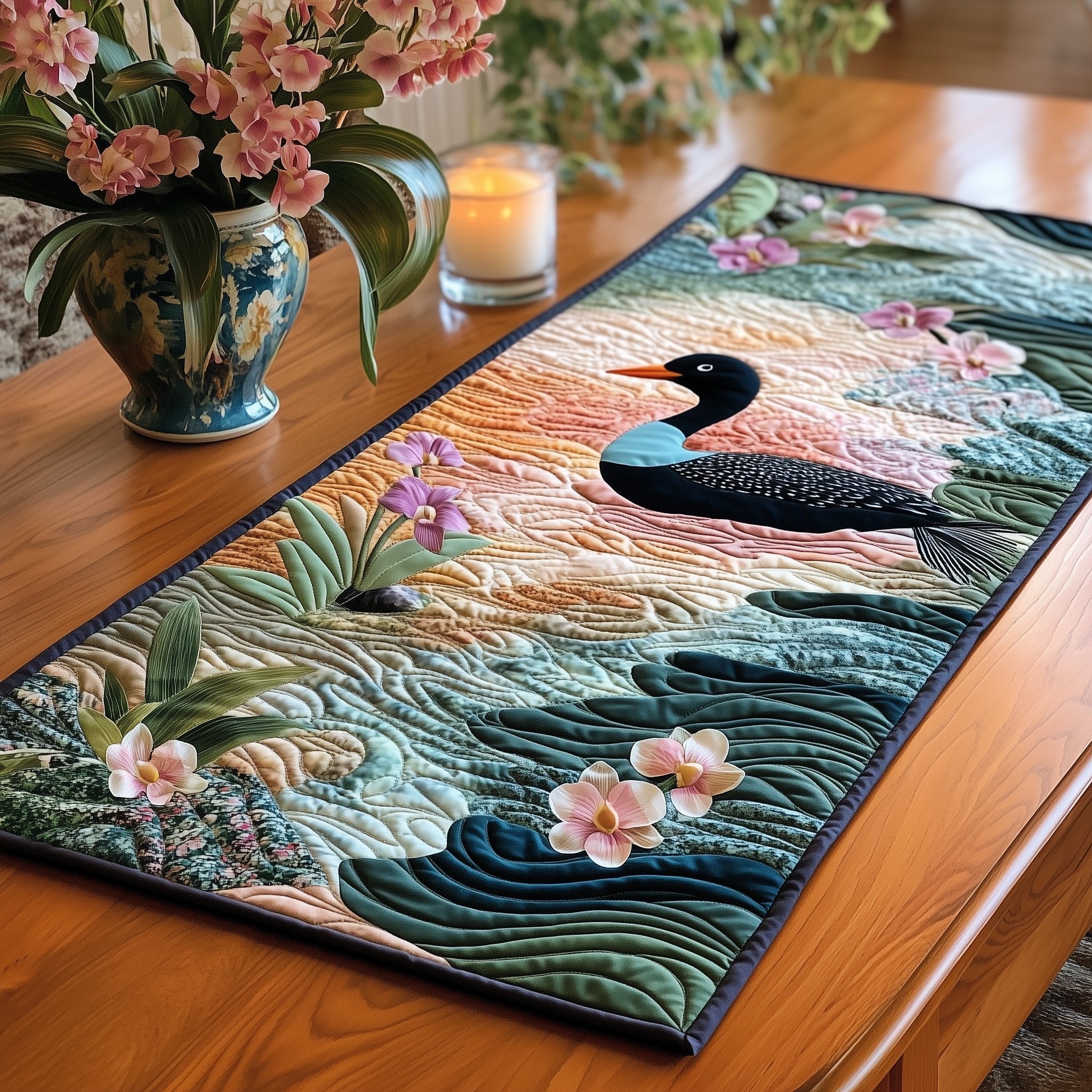 Loon on Peach Water with Blossoms Table Runner