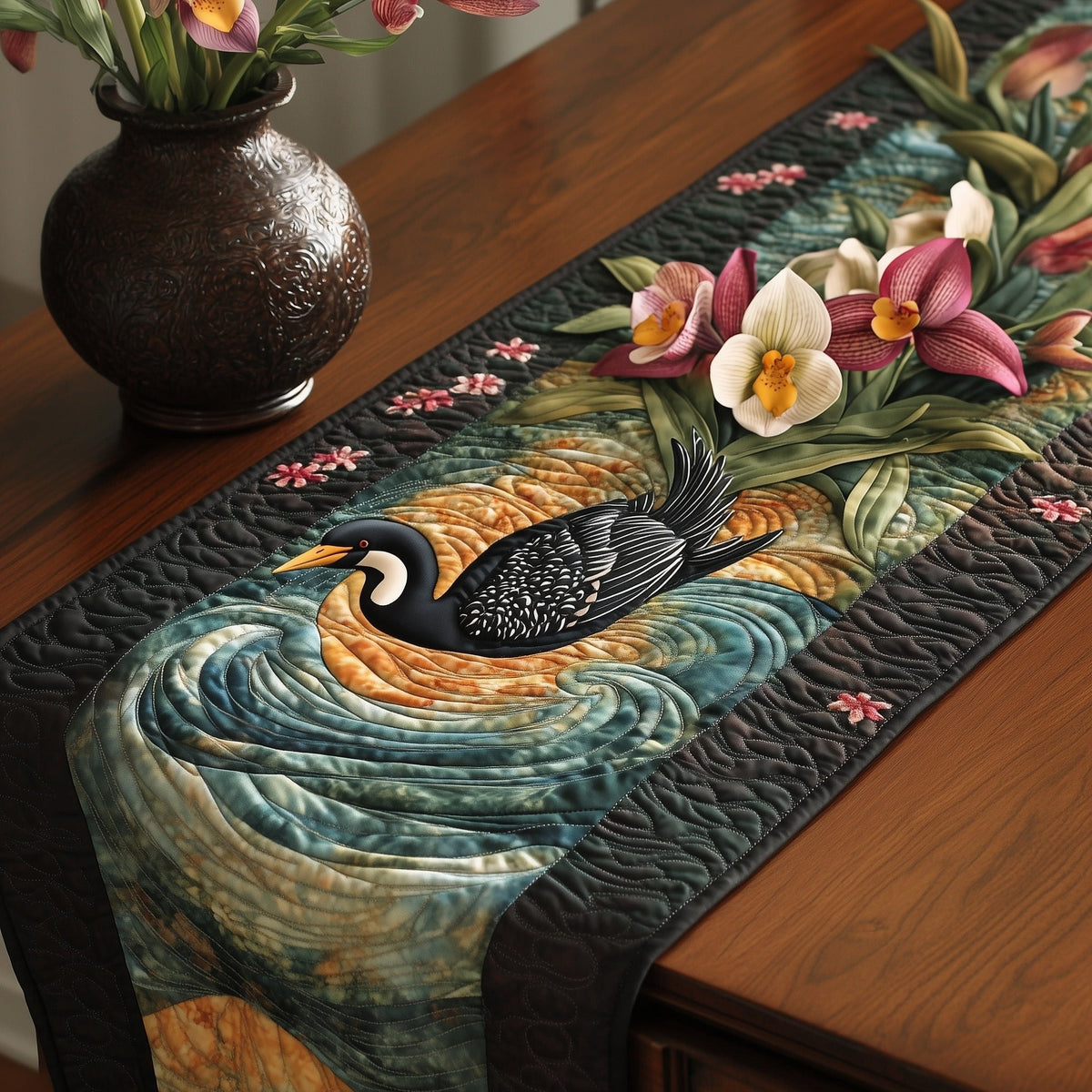 Two Loons on Dark Swirling Water Table Runner