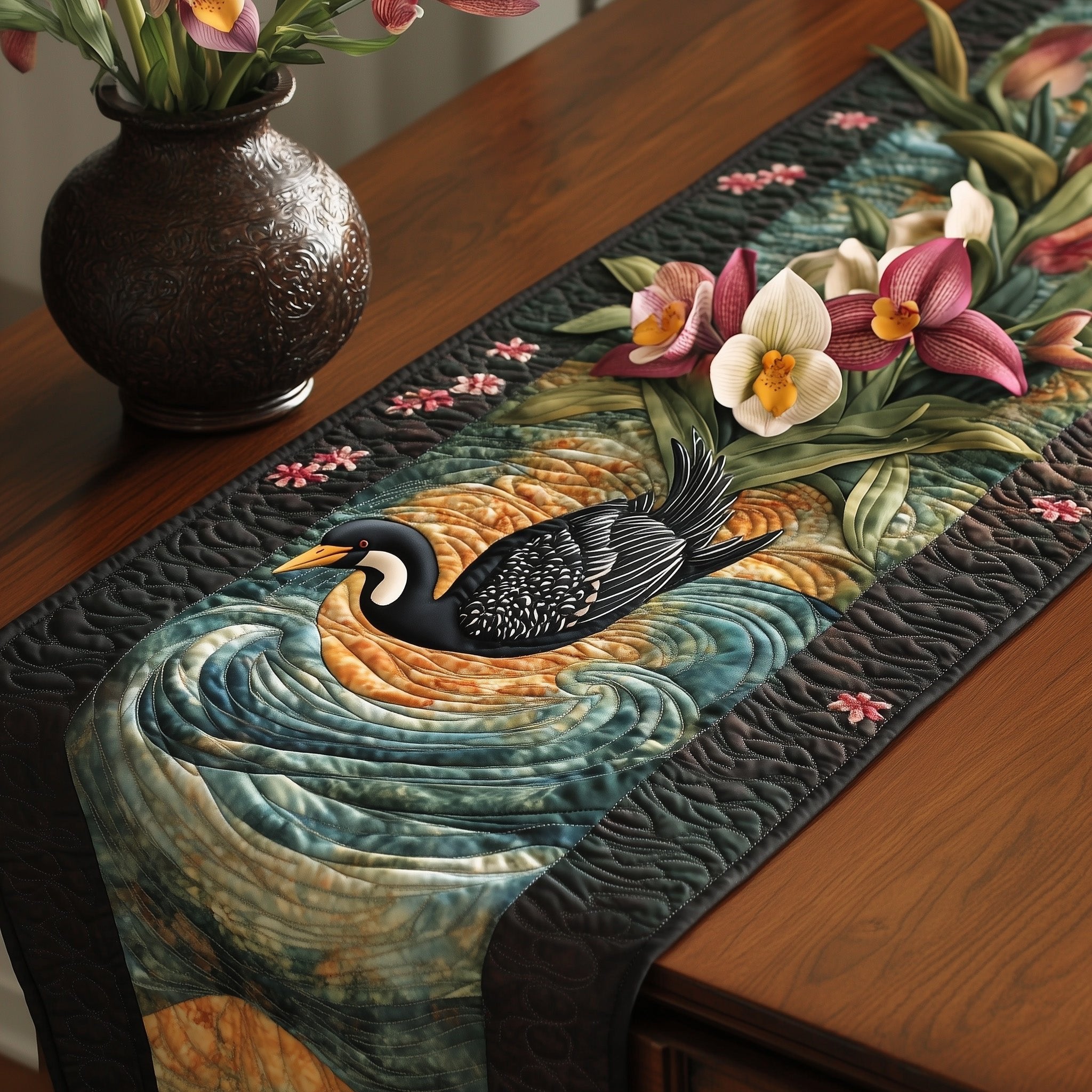 Two Loons on Dark Swirling Water Table Runner
