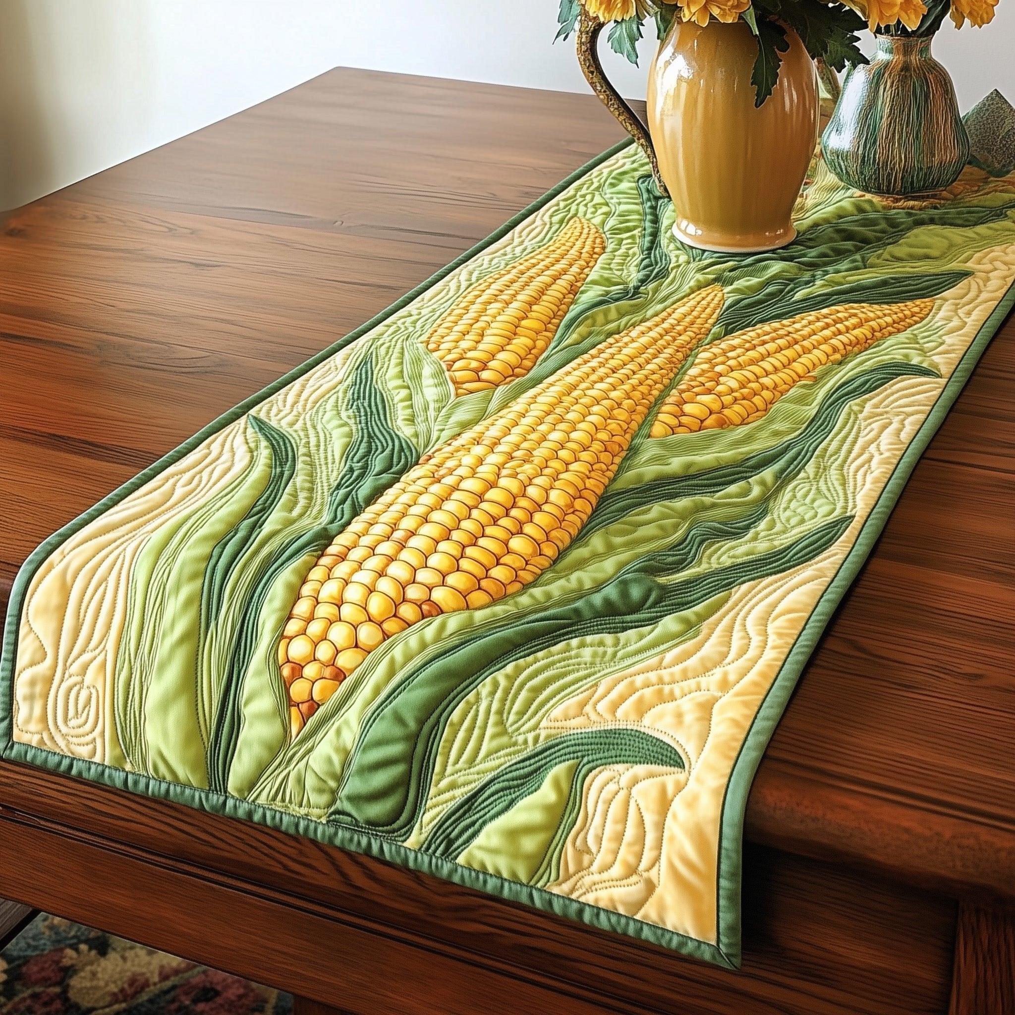 Sweet Corn Ears on Pale Green Table Runner