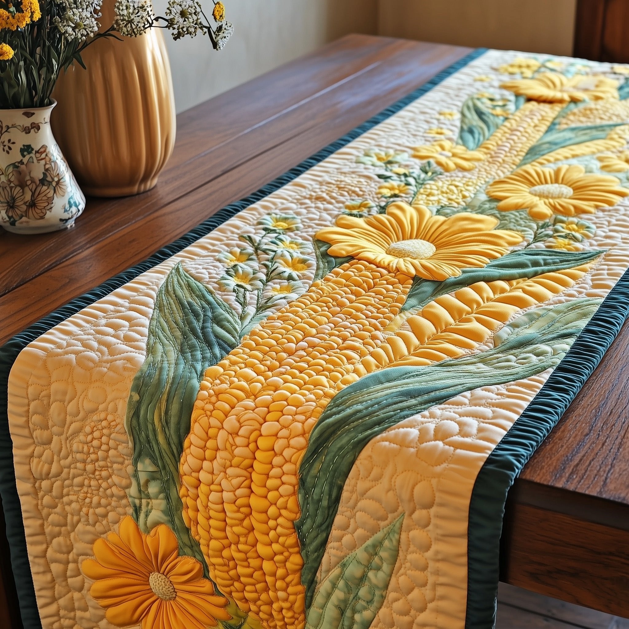 Corn Cob with Yellow Flowers Table Runner