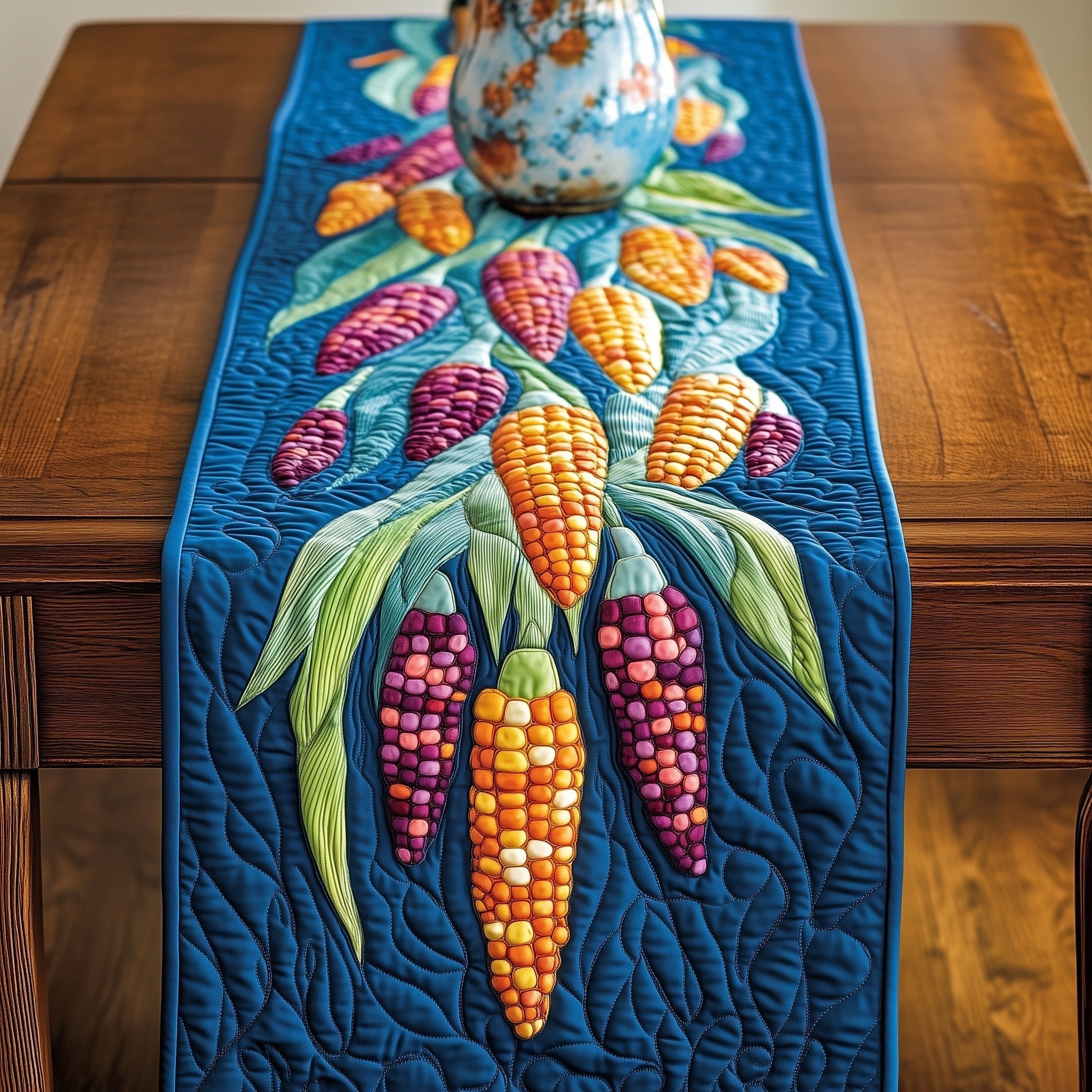 Indian Corn on Blue Background Table Runner