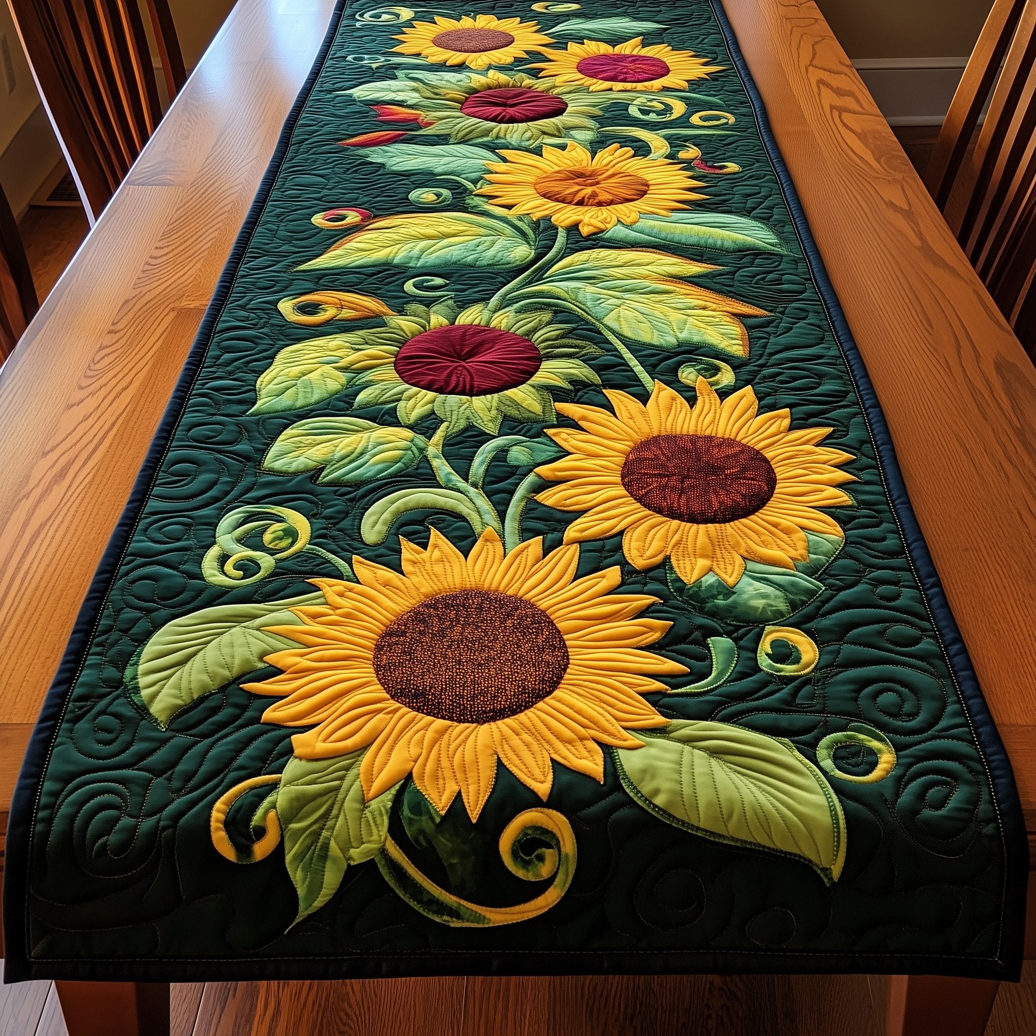Sunflowers with Curling Green Vines Table Runner