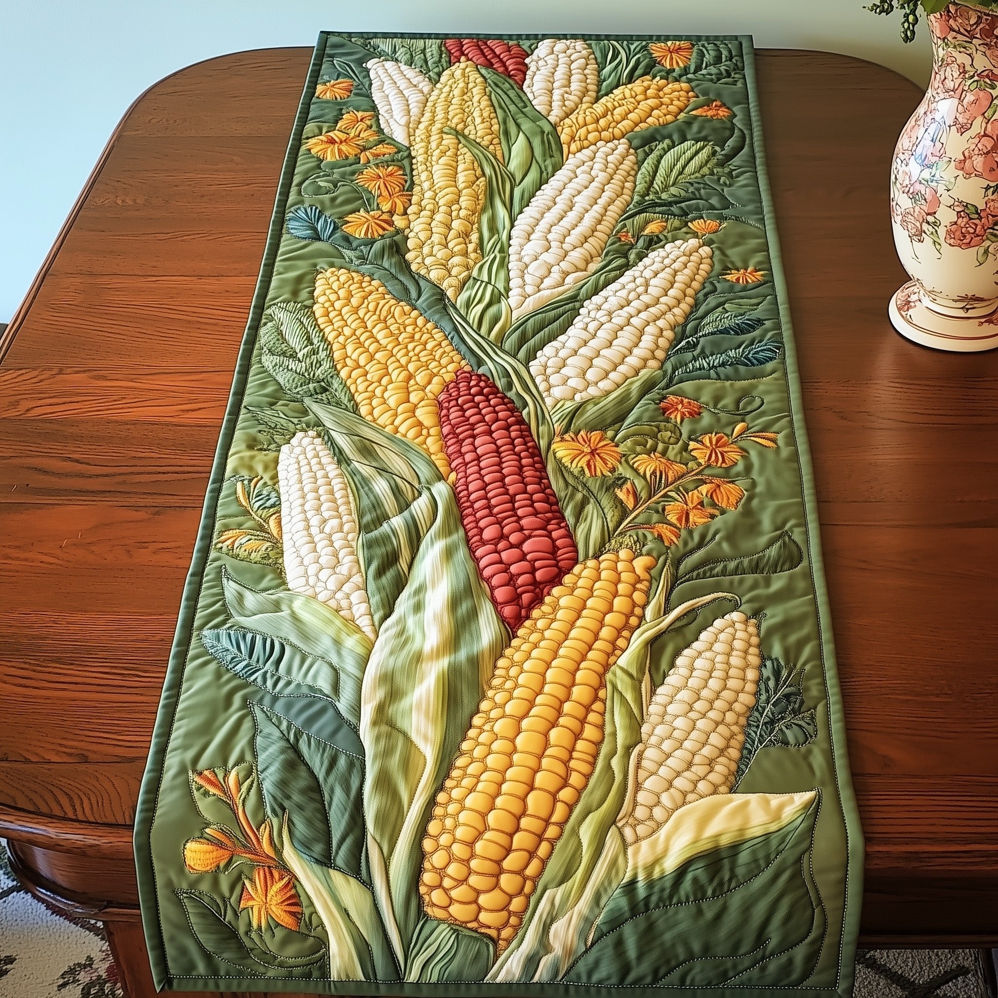Corn Ears on Sage Green Table Runner