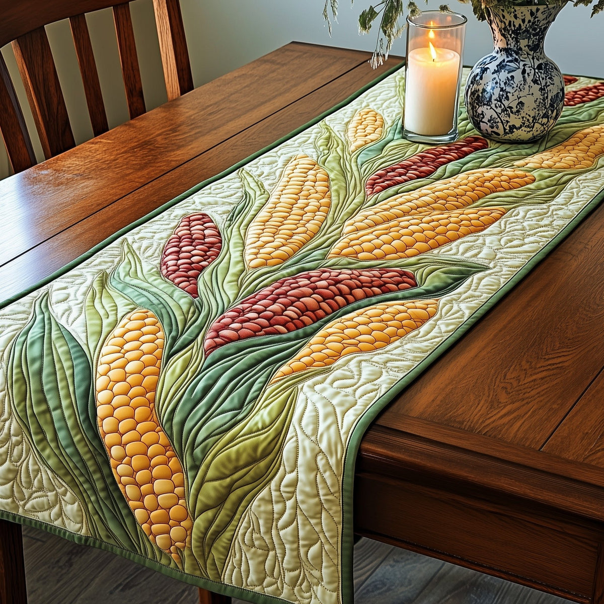 Multicolored Corn on Green Leaves Table Runner