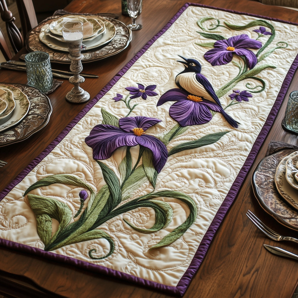 Bird with Purple Irises on Cream Table Runner