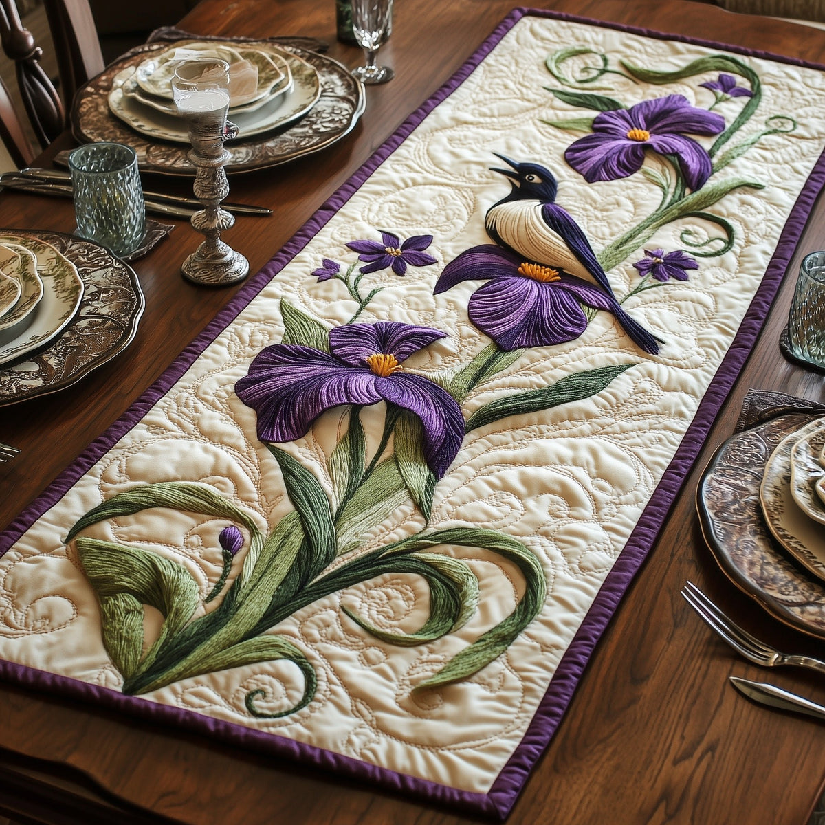 Bird with Purple Irises on Cream Table Runner