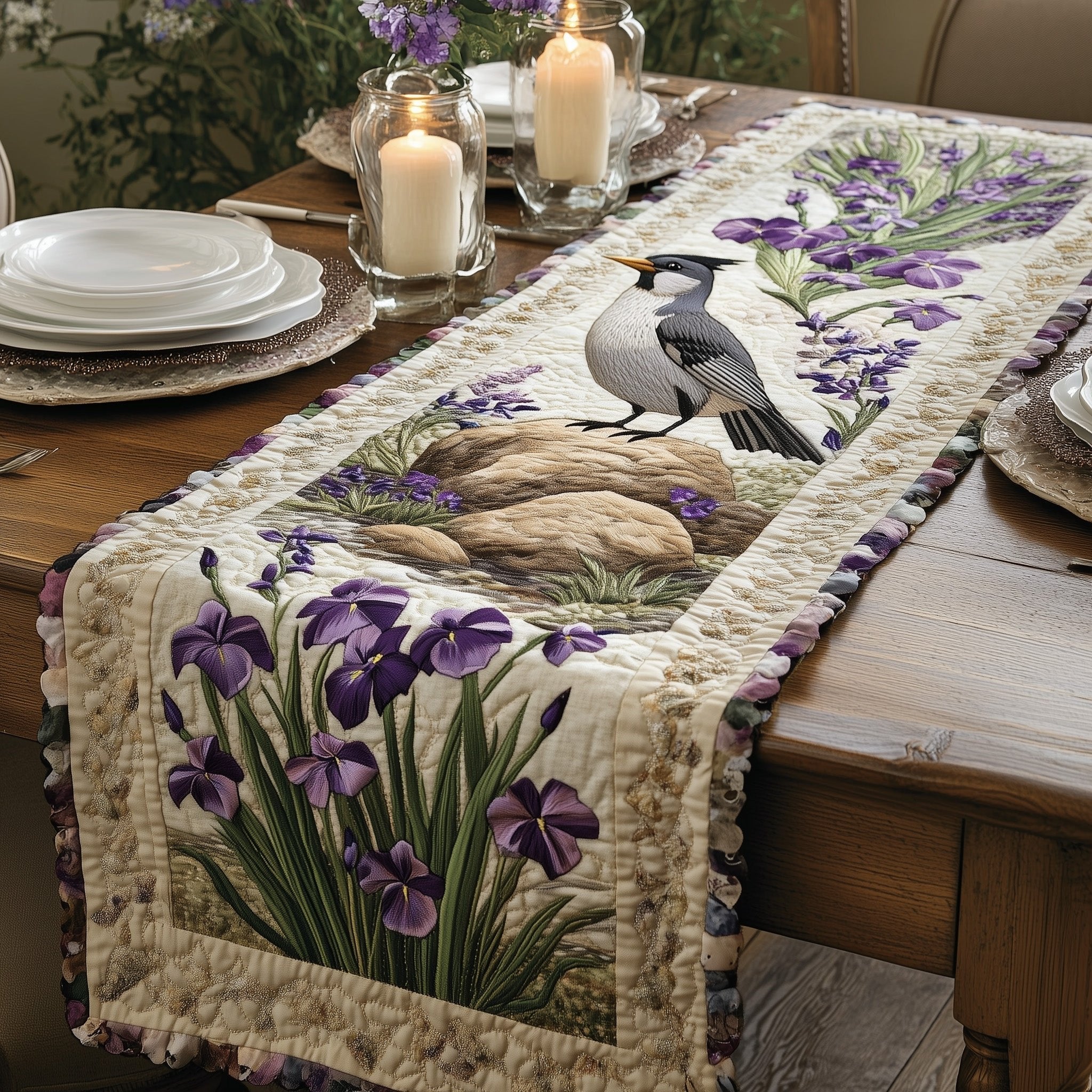 Songbird on Rock with Irises Table Runner