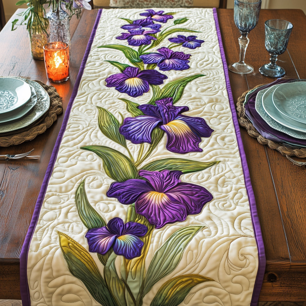 Purple Irises with Violet Border Table Runner
