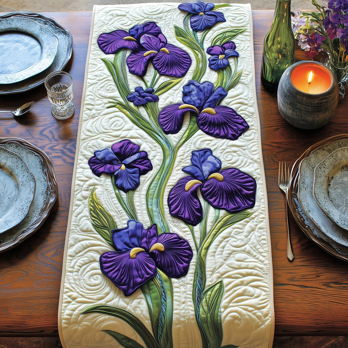 Tall Purple Irises on Cream Table Runner