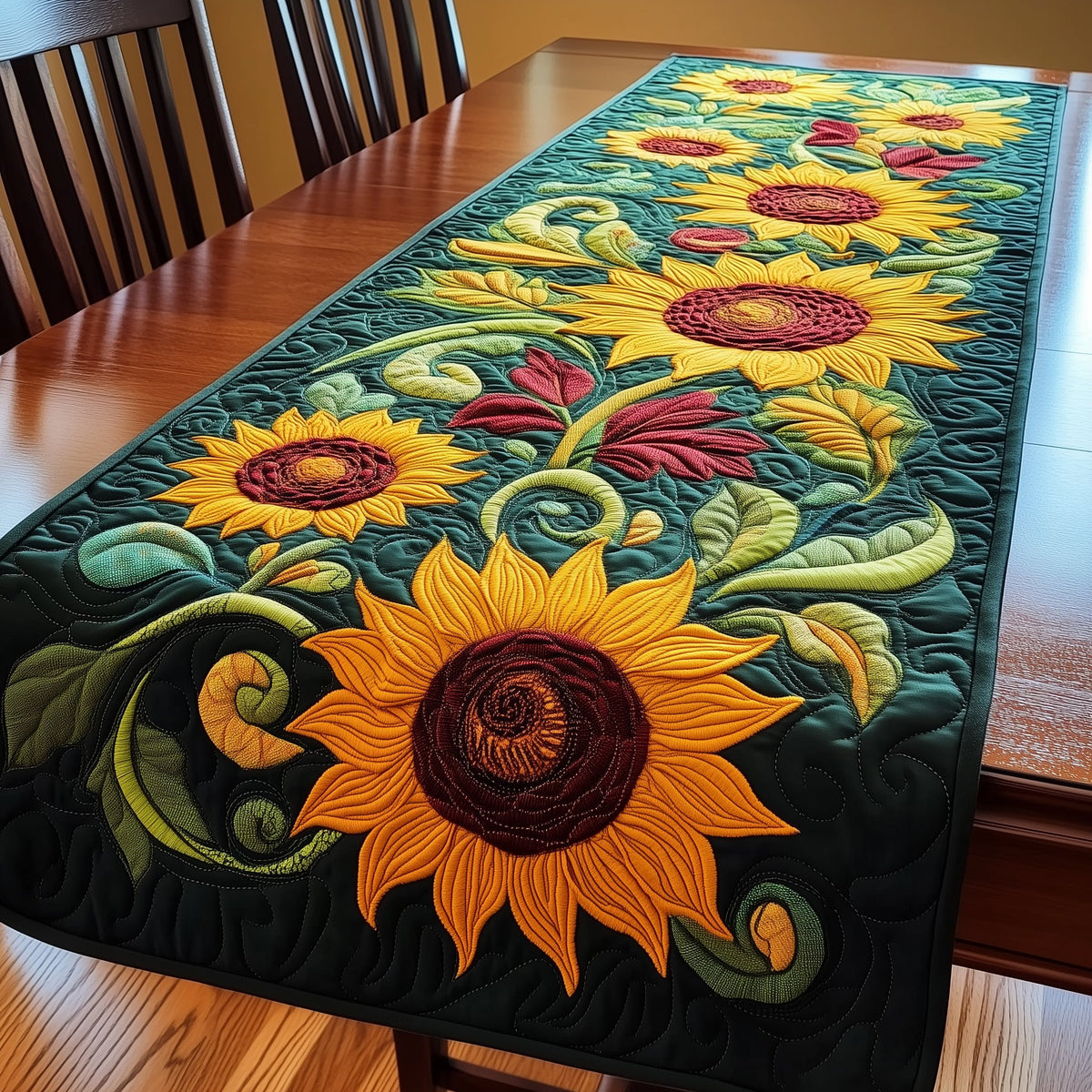 Sunflowers and Red Blooms on Teal Table Runner