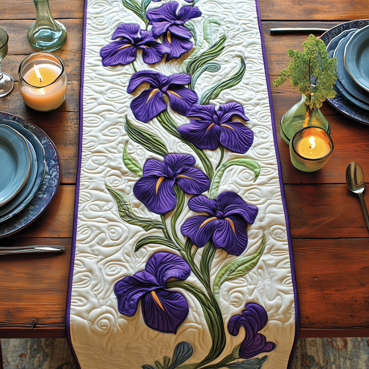 Purple Iris Stems on Ivory Table Runner