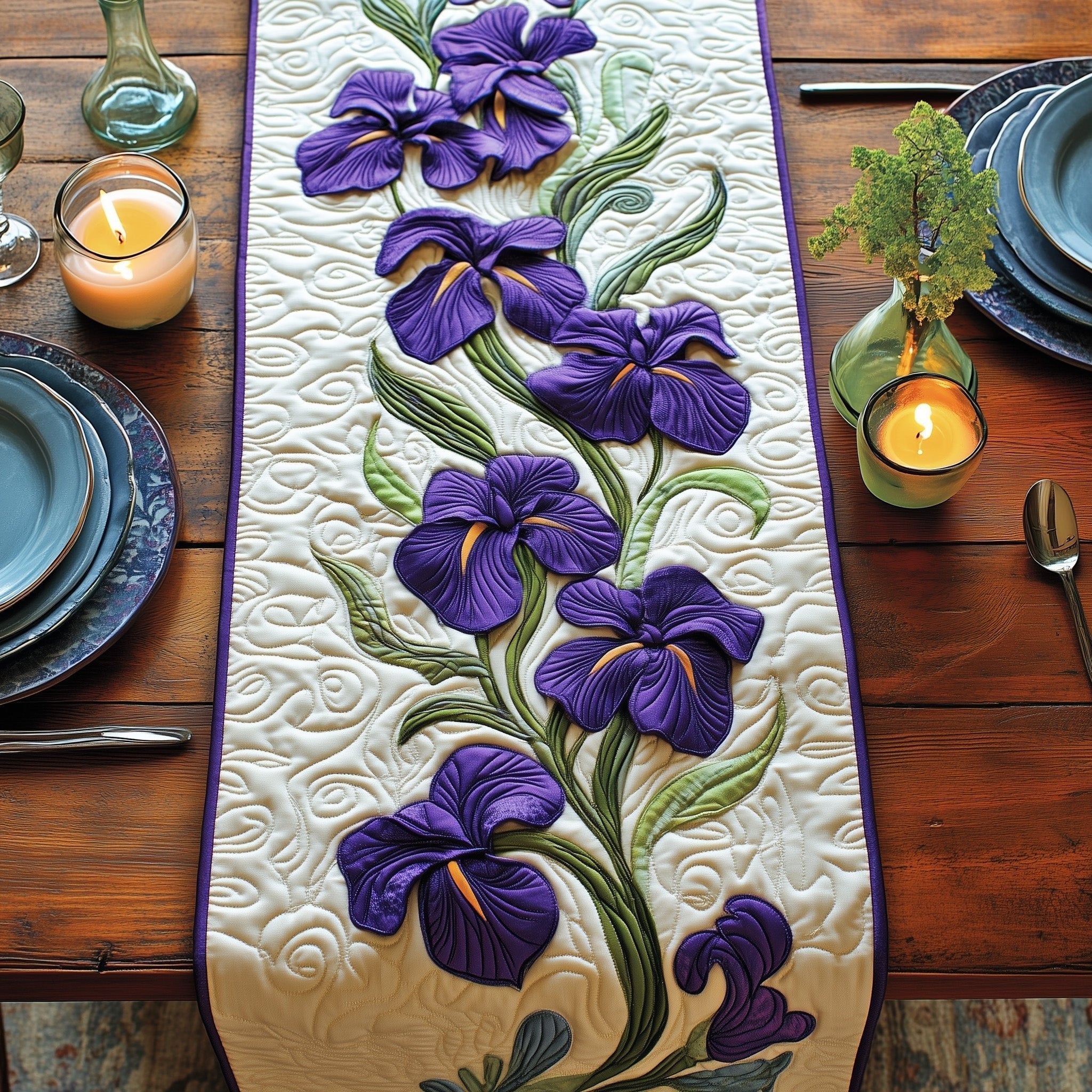 Purple Iris Stems on Ivory Table Runner