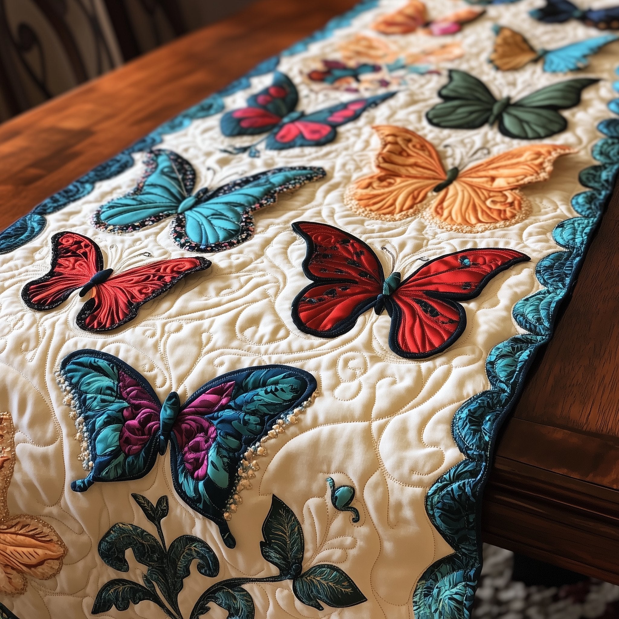 Red and Teal Butterflies on Cream Table Runner
