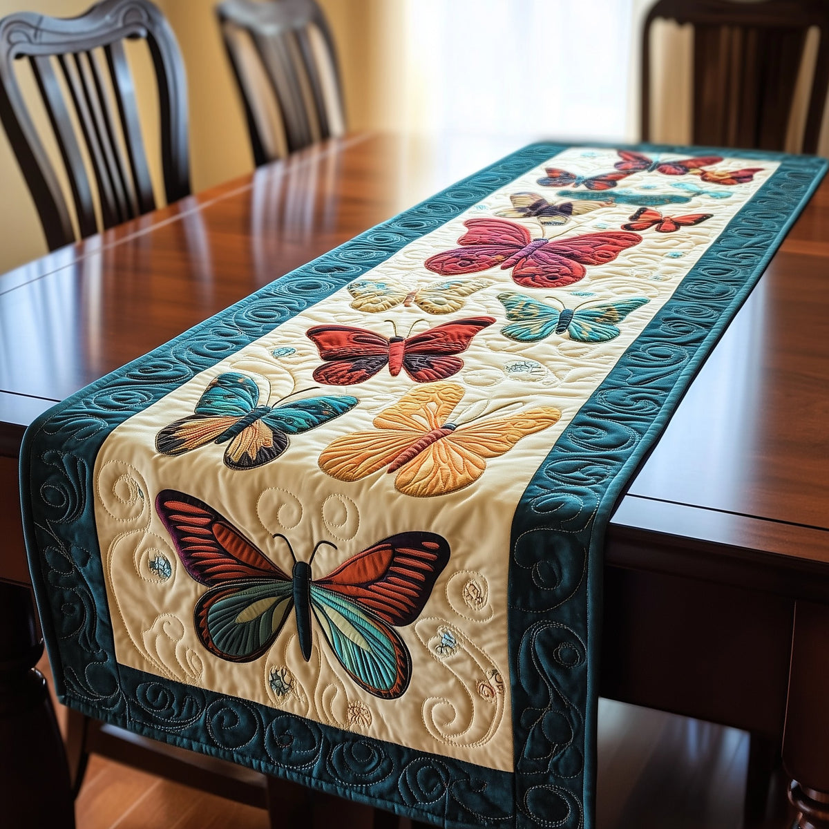 Butterfly Row with Teal Border Table Runner