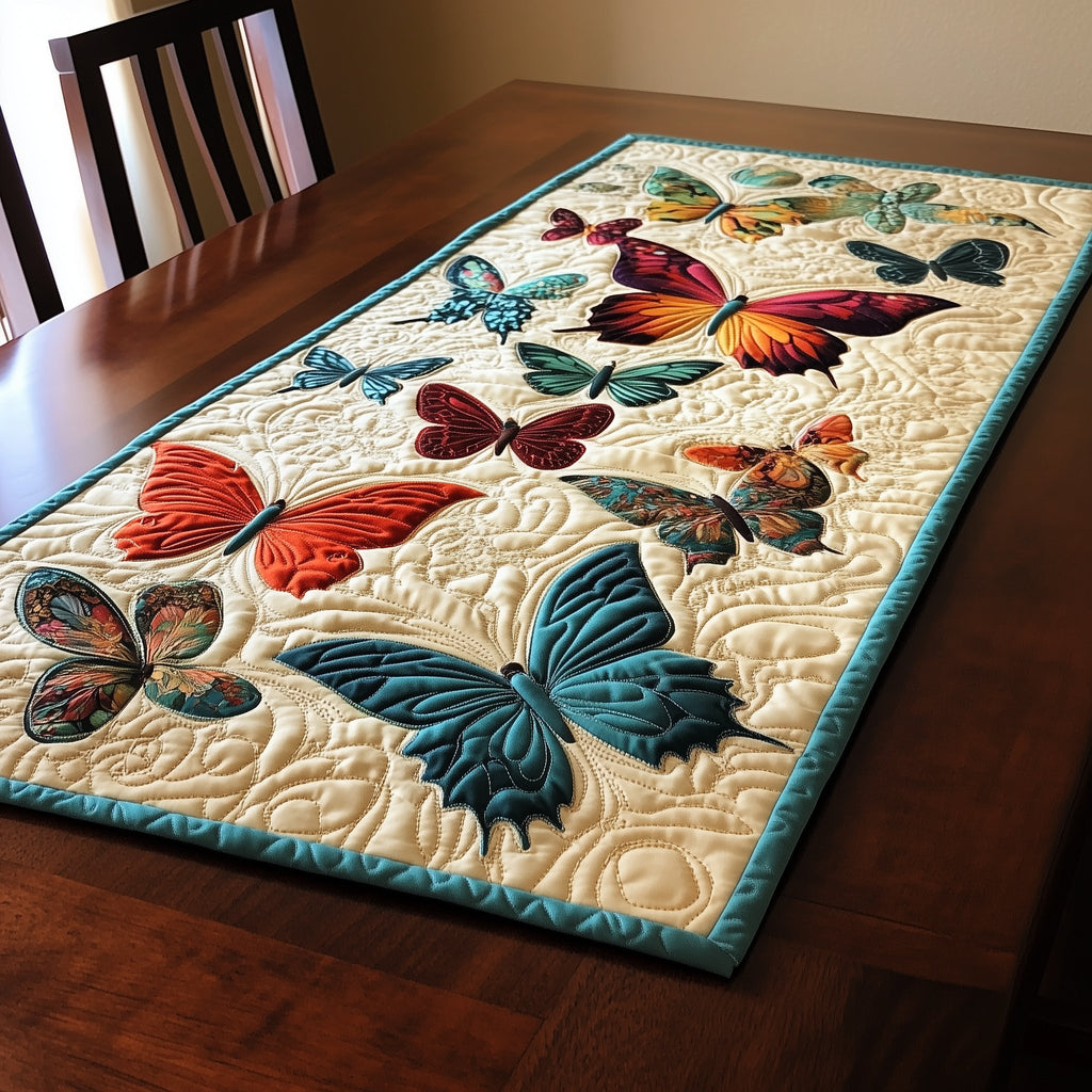 Crimson and Blue Butterflies on Ivory Table Runner
