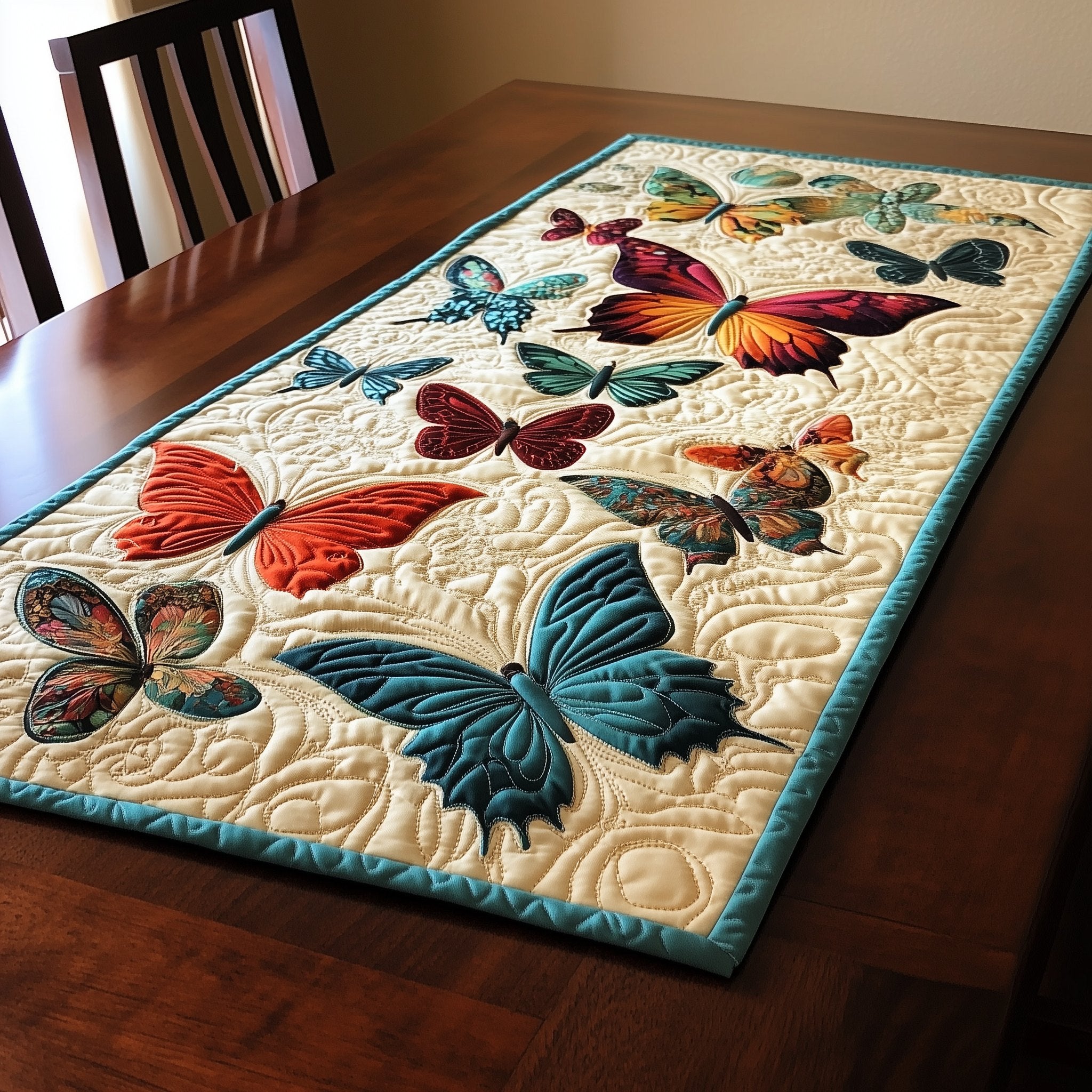 Crimson and Blue Butterflies on Ivory Table Runner