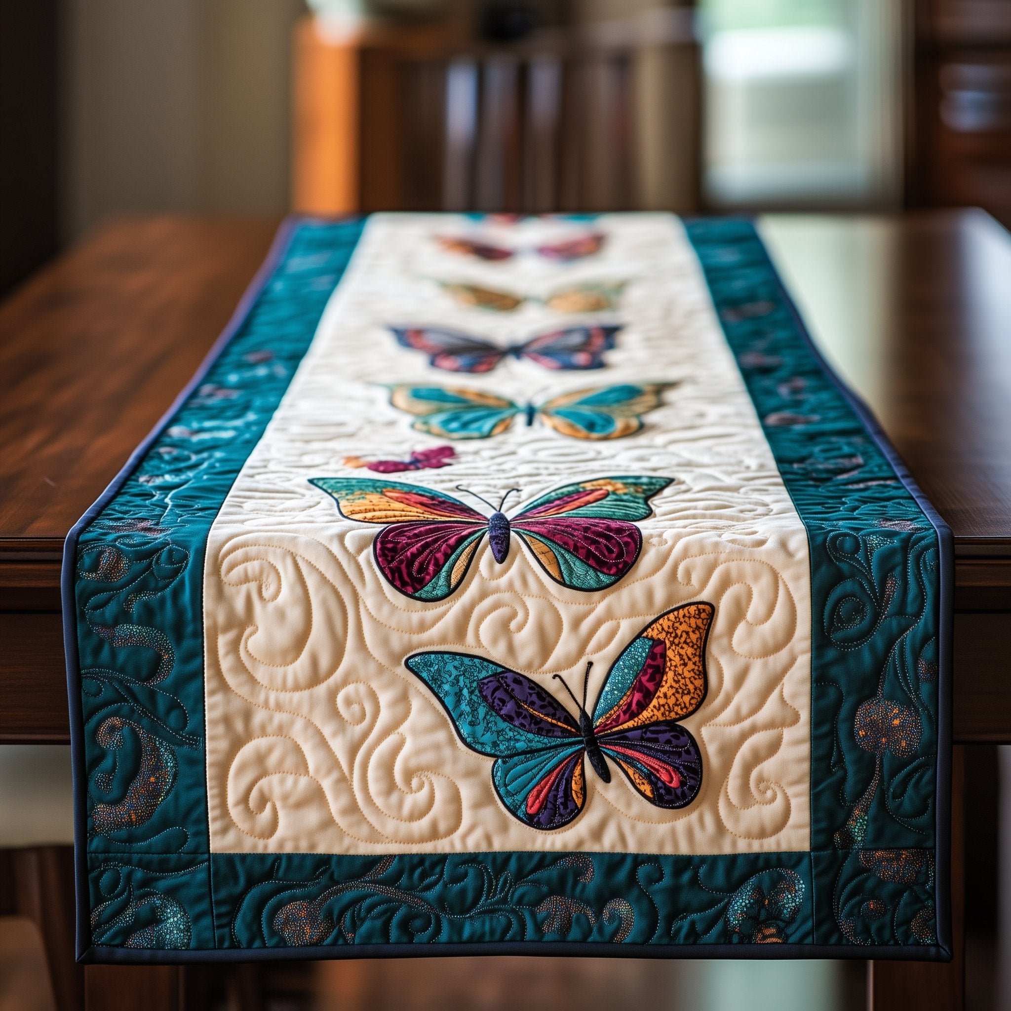Bright Butterflies on Swirled Cream Table Runner