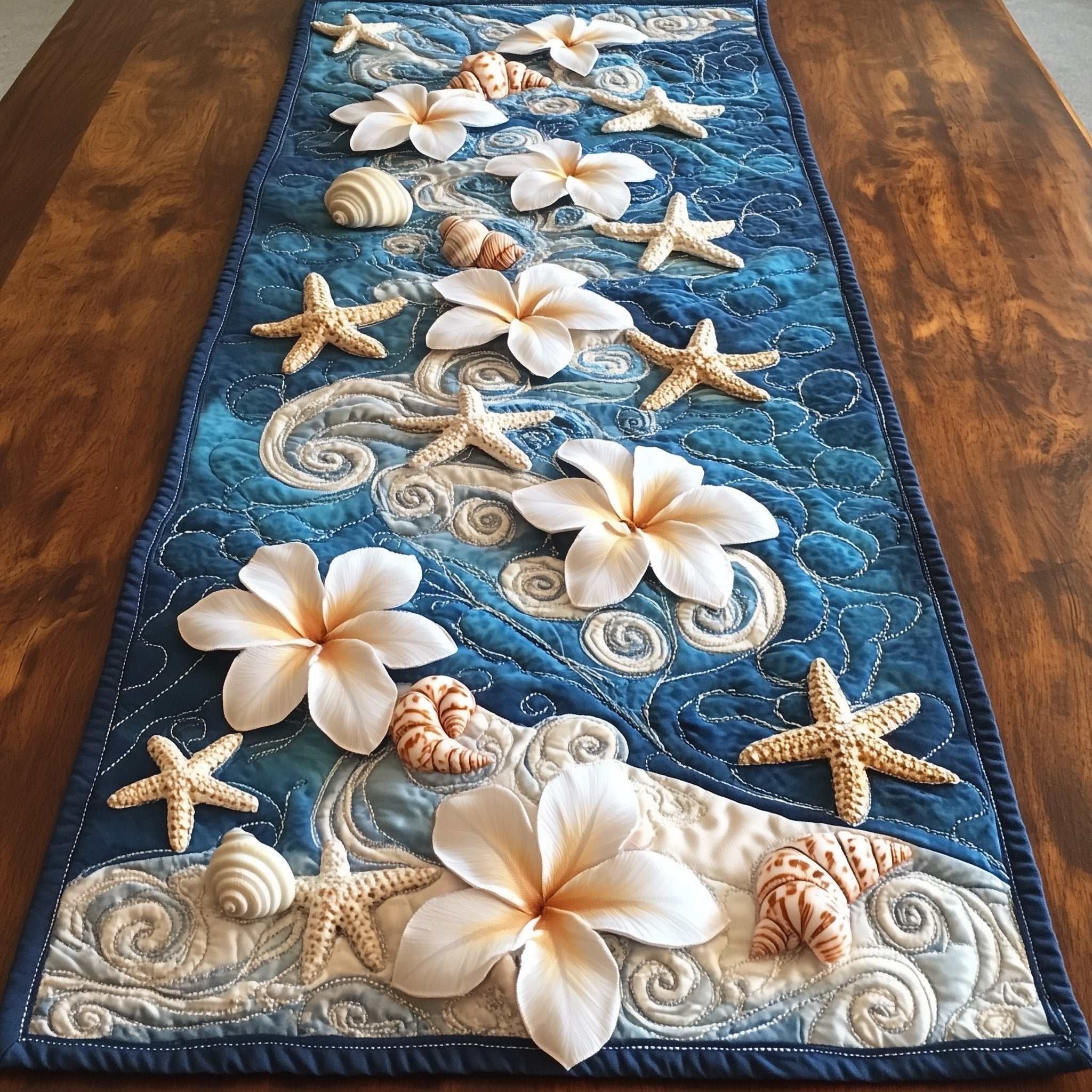 Plumeria and Starfish on Blue Waves Table Runner