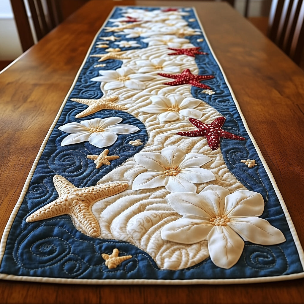 White Blooms and Red Starfish on Navy Table Runner
