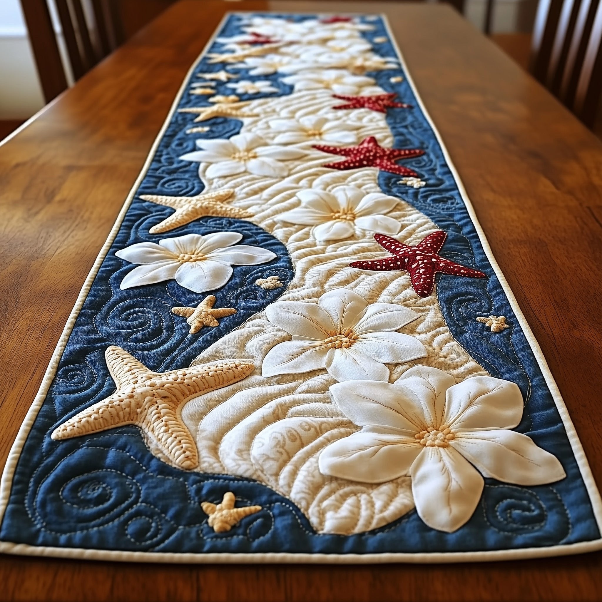 White Blooms and Red Starfish on Navy Table Runner