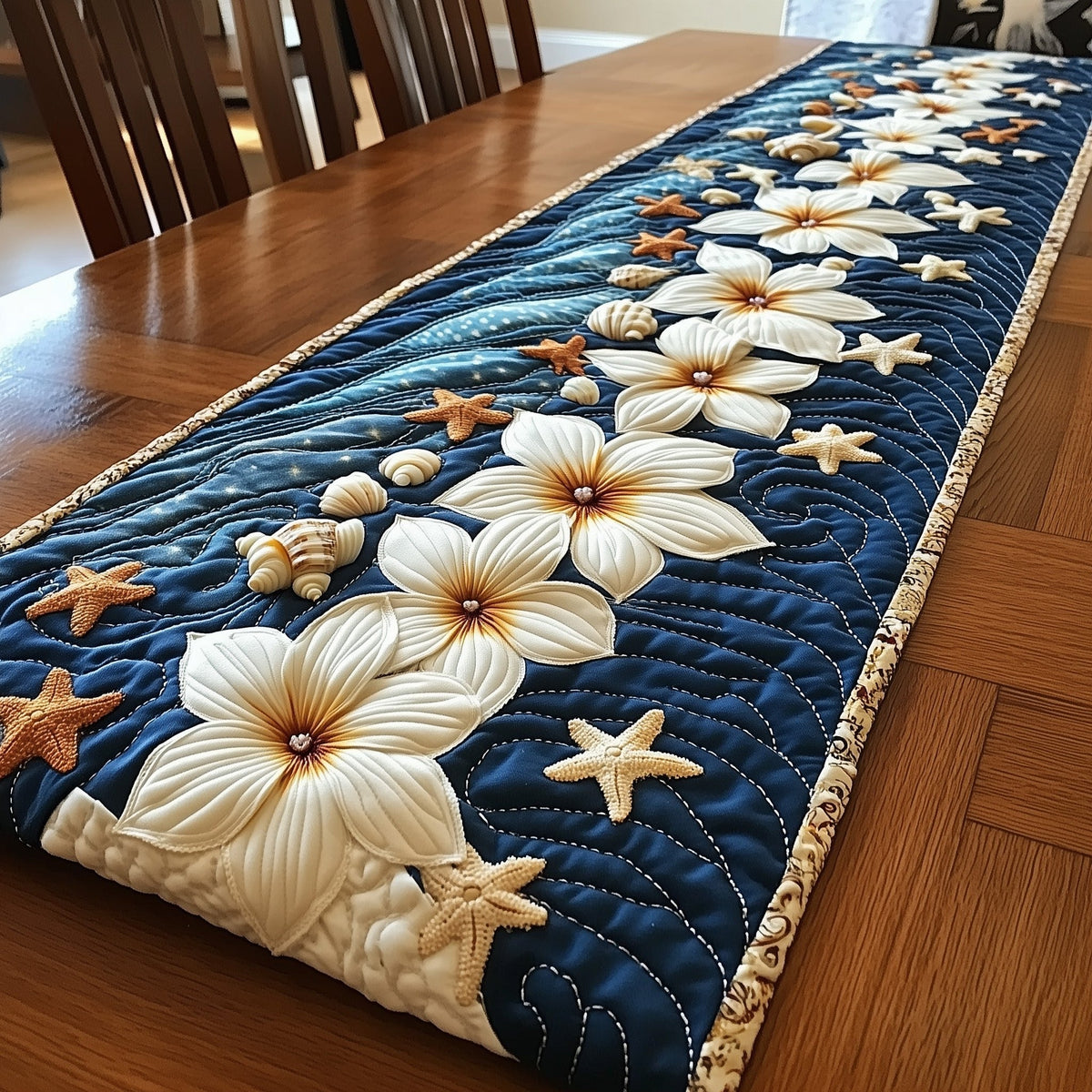 Plumeria and Seashells on Navy Table Runner