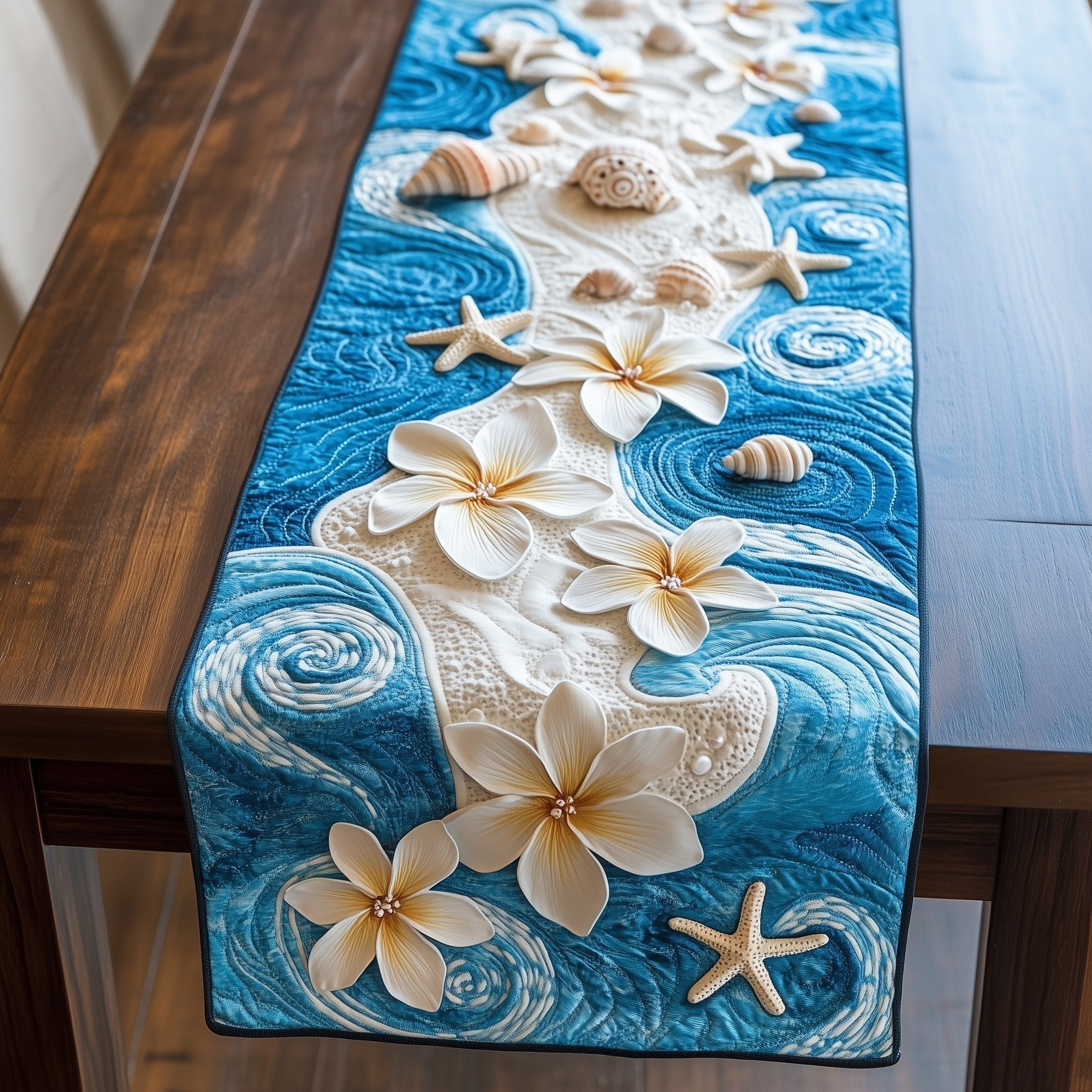 Plumeria on Swirling Blue Water Table Runner