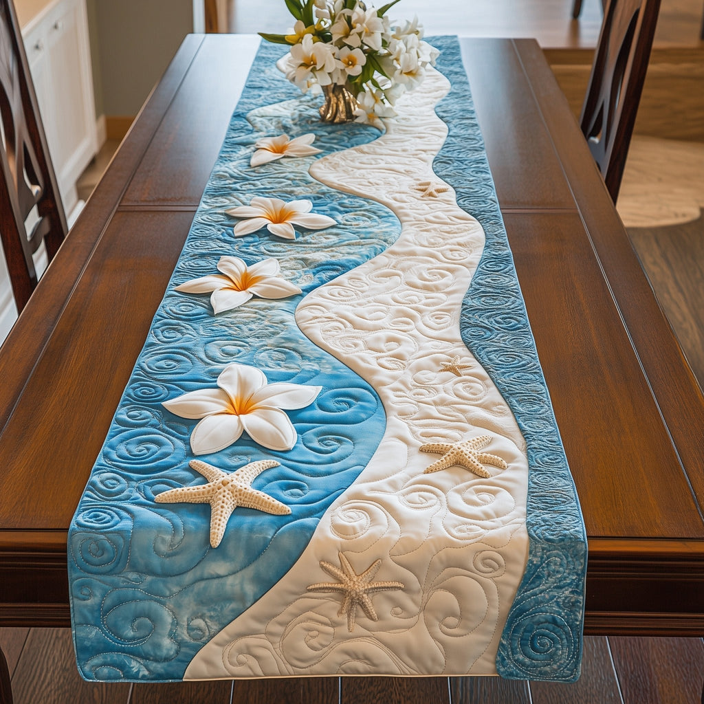 Plumeria Along a Pale Blue Stream Table Runner