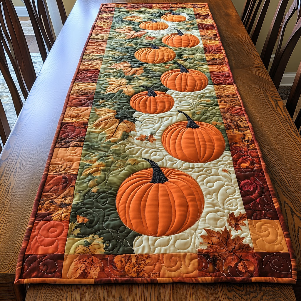 Pumpkins on Green with Autumn Border Table Runner