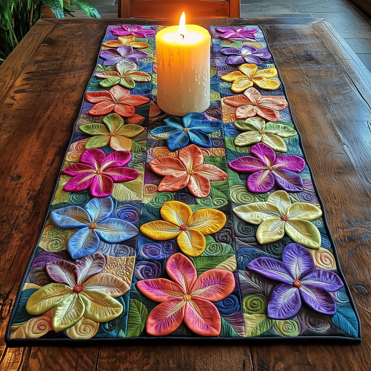 Colorful Plumeria on Dark Patchwork Table Runner