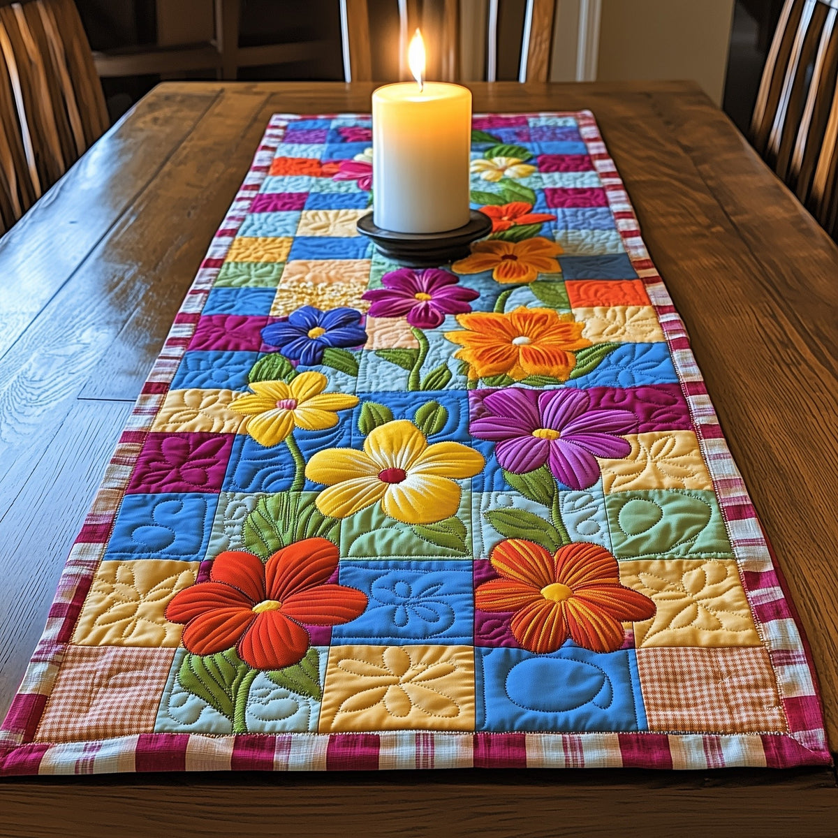 Tropical Flowers on Patchwork Squares Table Runner