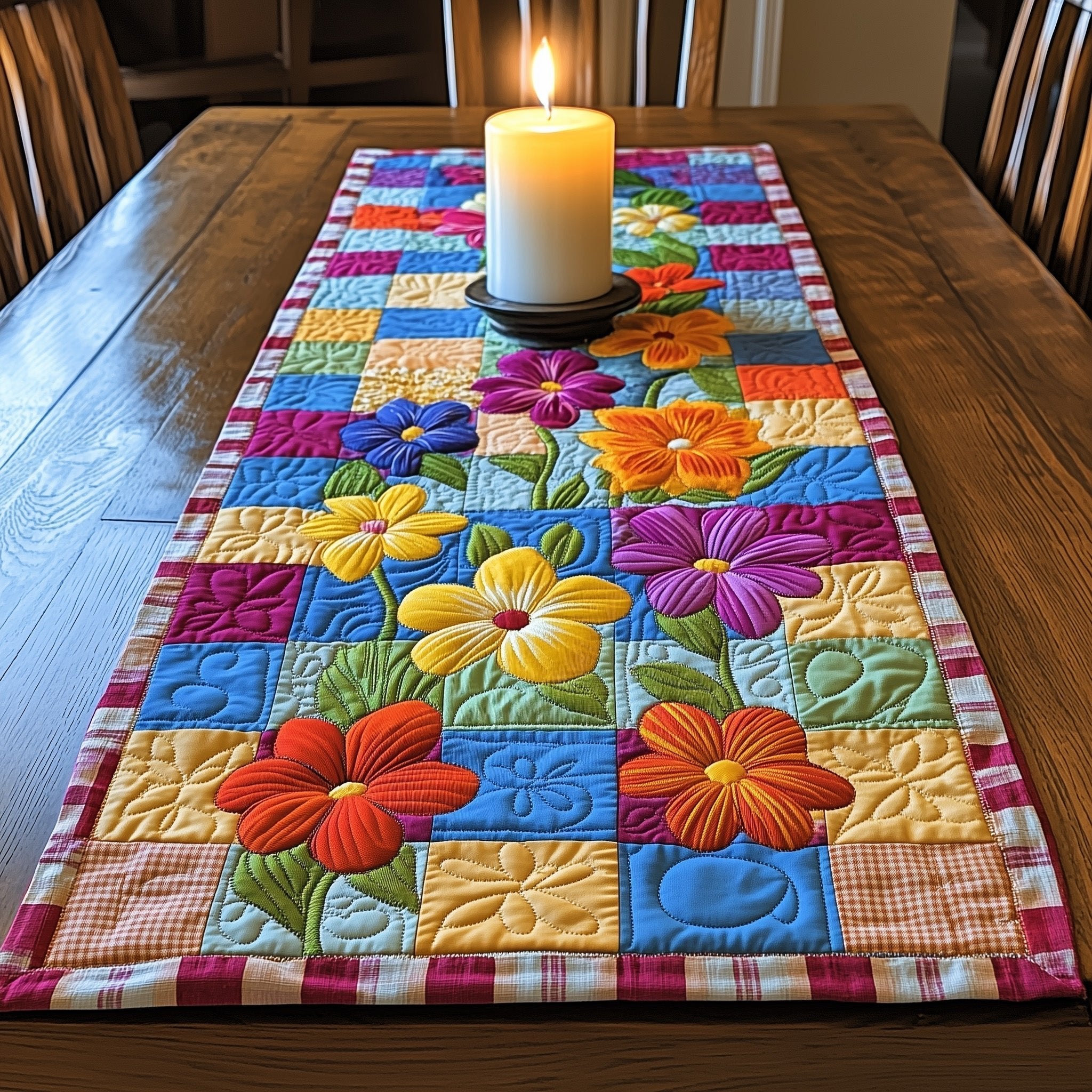 Tropical Flowers on Patchwork Squares Table Runner