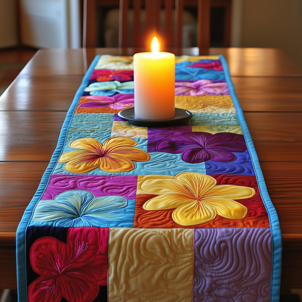 Yellow Blooms on Blue and Red Blocks Table Runner