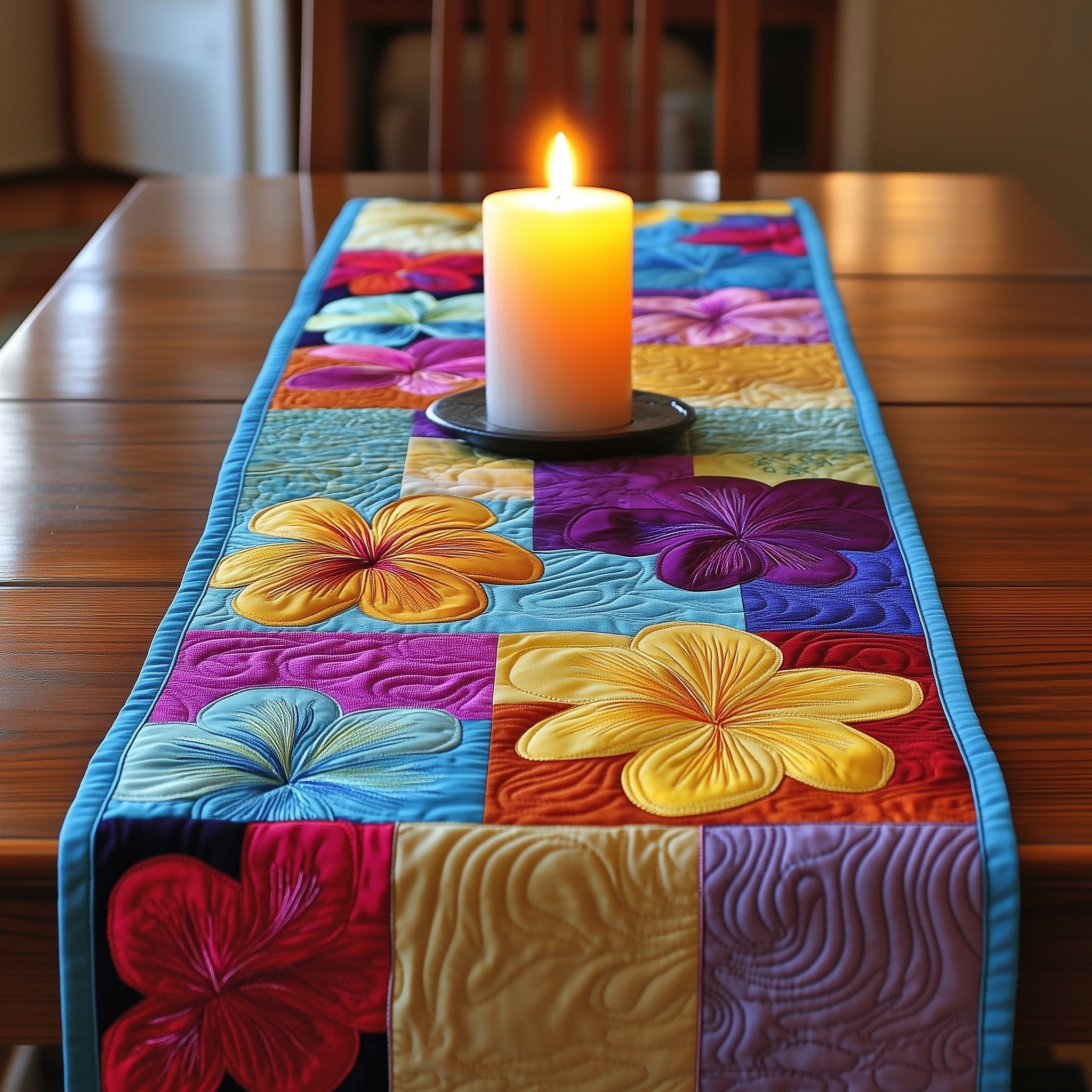 Yellow Blooms on Blue and Red Blocks Table Runner