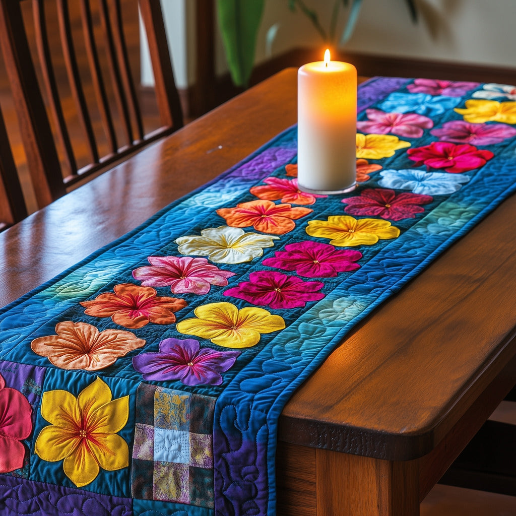 Hibiscus on Blue Patchwork Strips Table Runner
