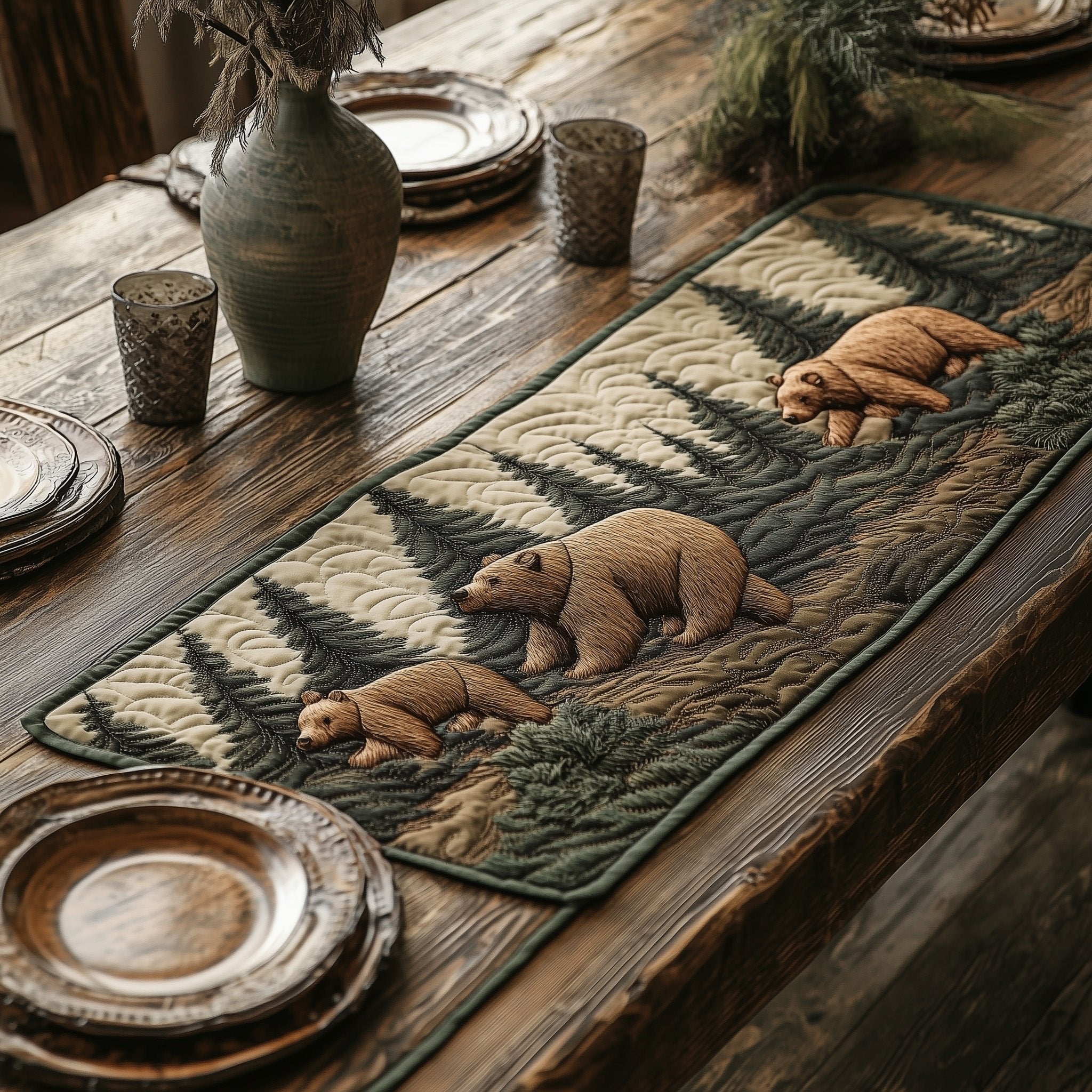 Bear Family on Weathered Wood Table Runner