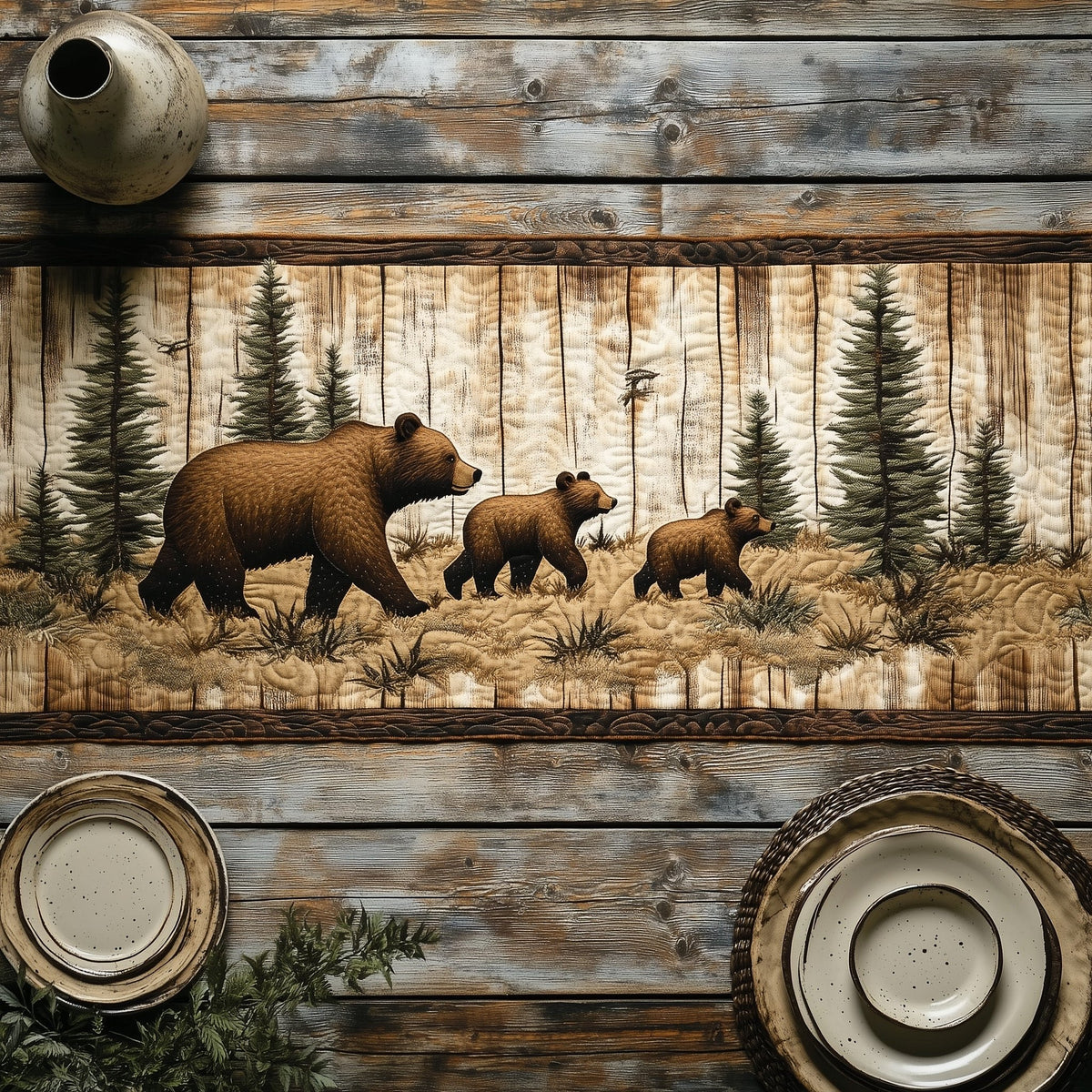 Mother Bear and Cubs in Pines Table Runner