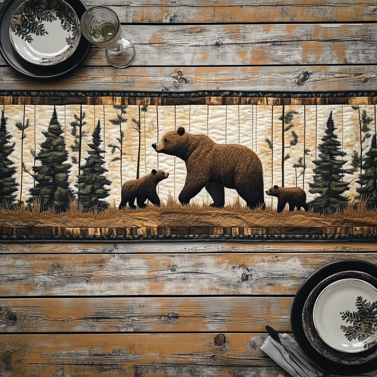 Bear and Cubs by the Pine Woods Table Runner