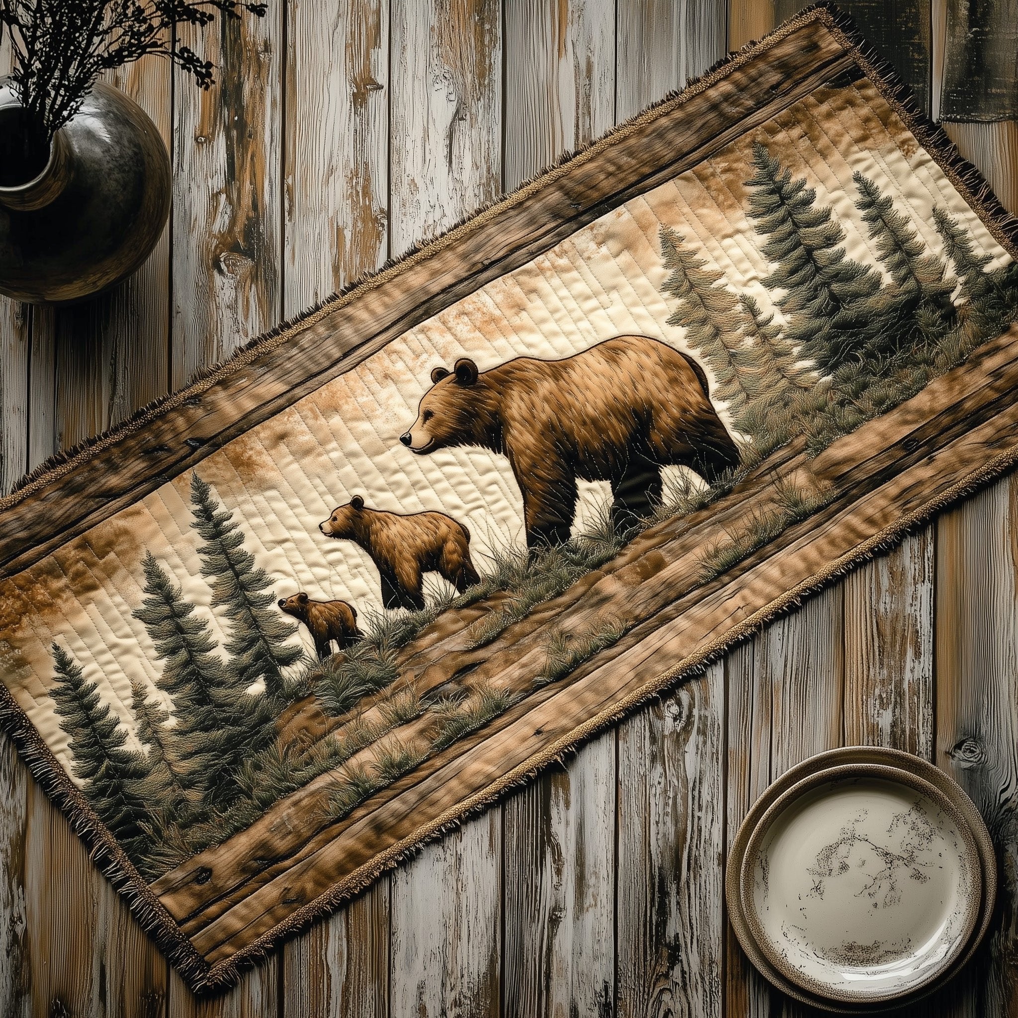 Bear and Cub on Wooden Planks Table Runner